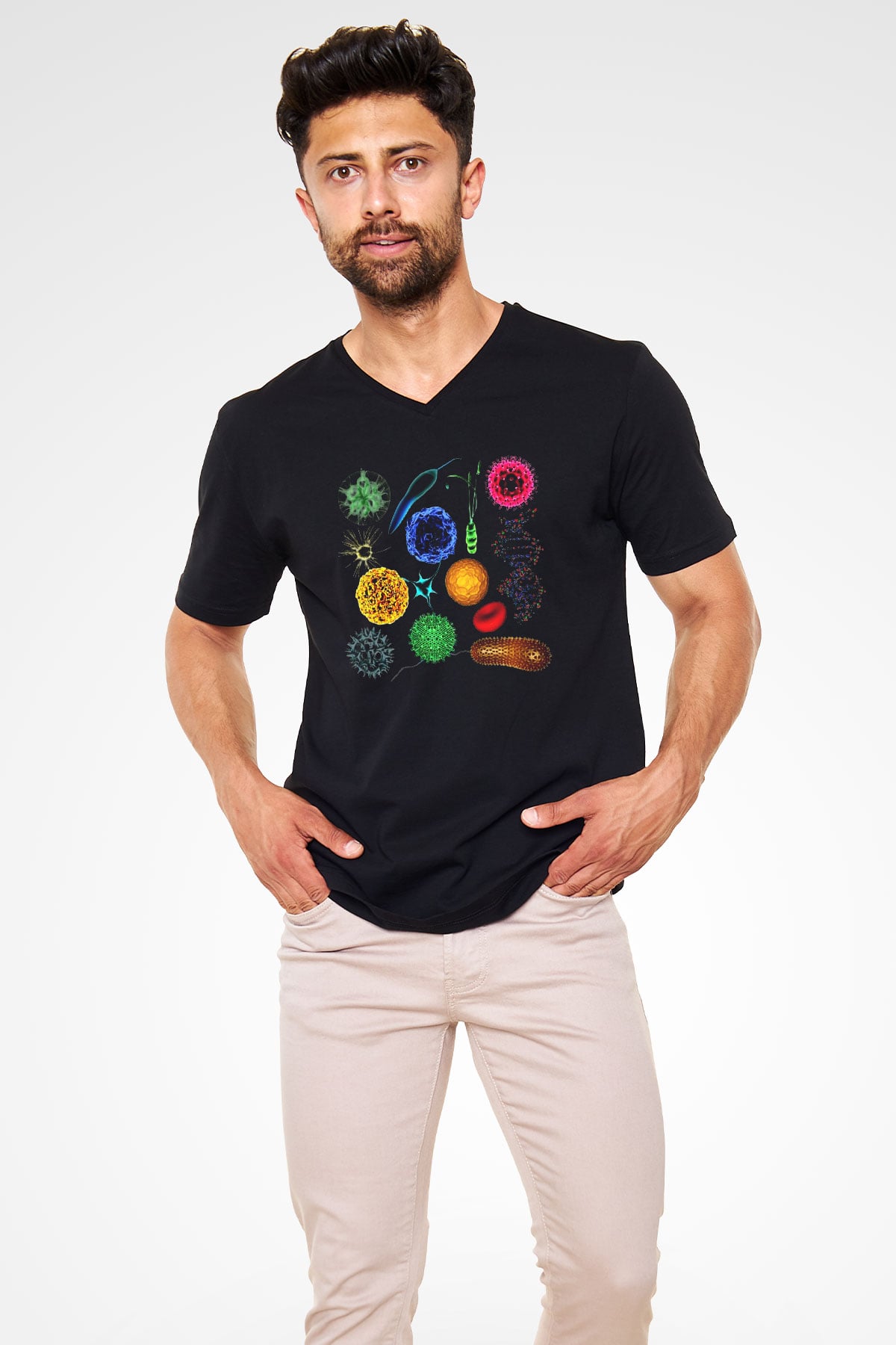 Mikrobiyolog Siyah Unisex V Yaka Tişört T-Shirt