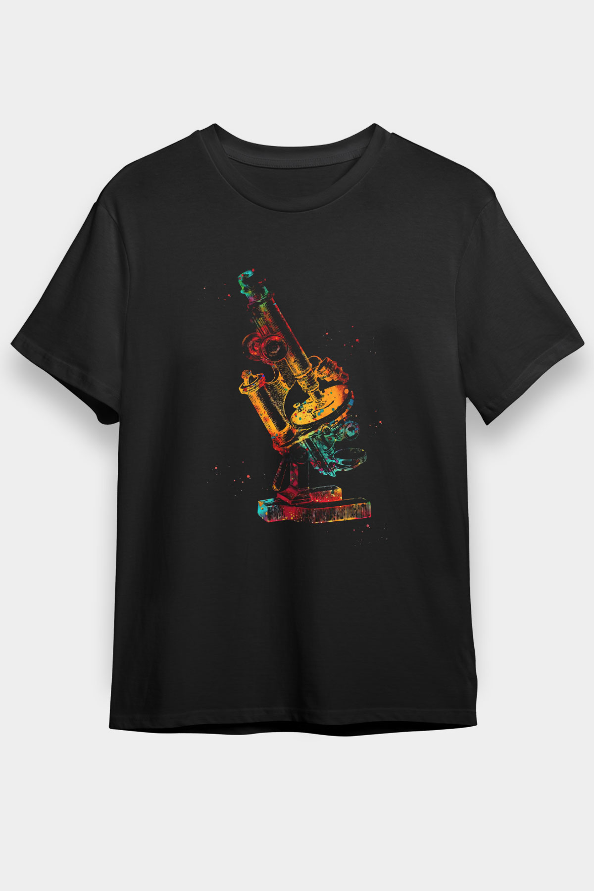 Mikroskop Renkli Baskılı Unisex Siyah Tişört - Tshirt
