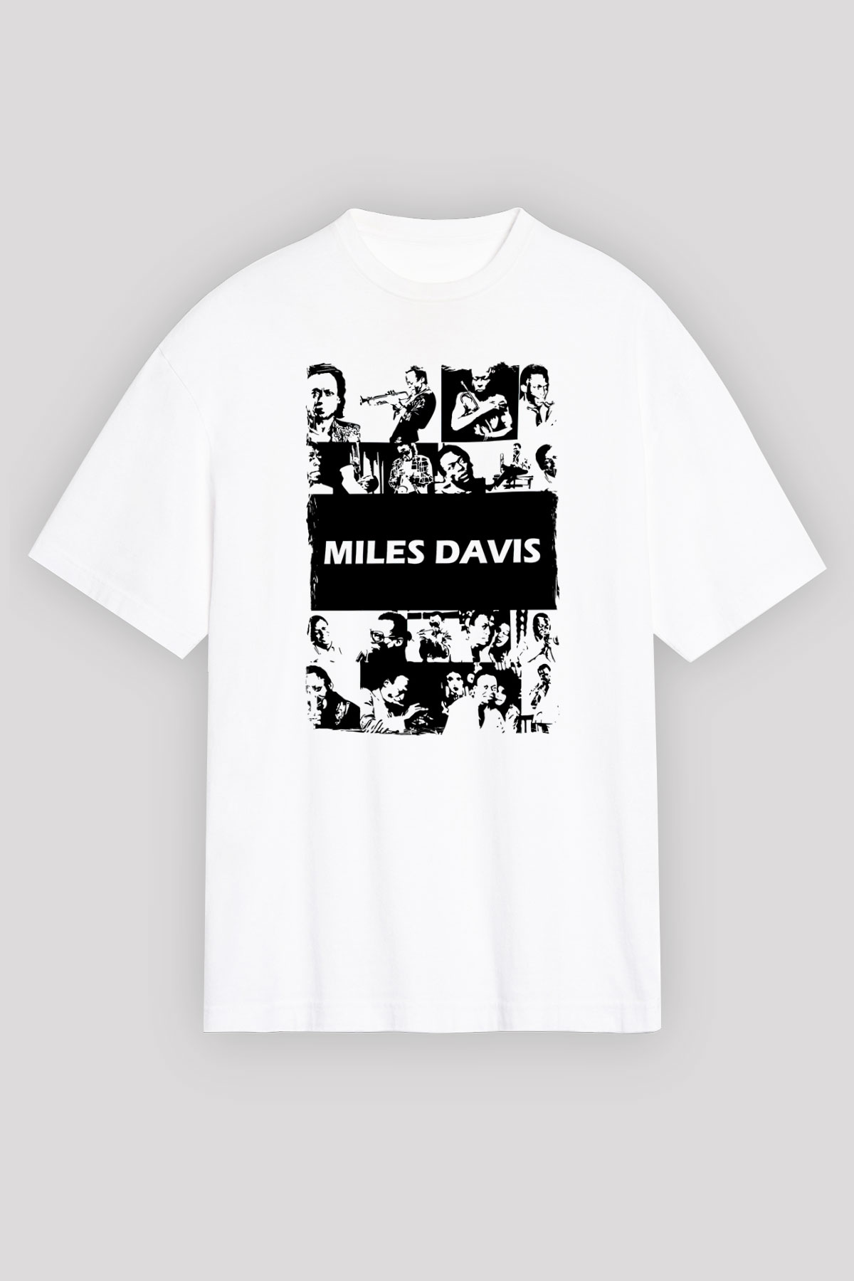 Miles Davis Baskılı Beyaz Unisex Oversize Tişört - Tshirt
