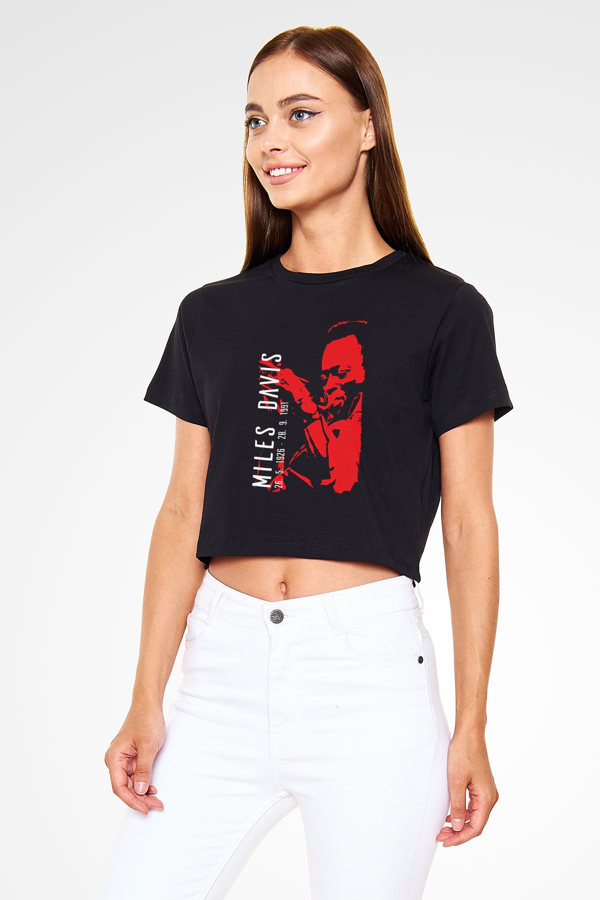 Miles Davis Baskılı Siyah Crop Top Kadın Tişört - Tshirt