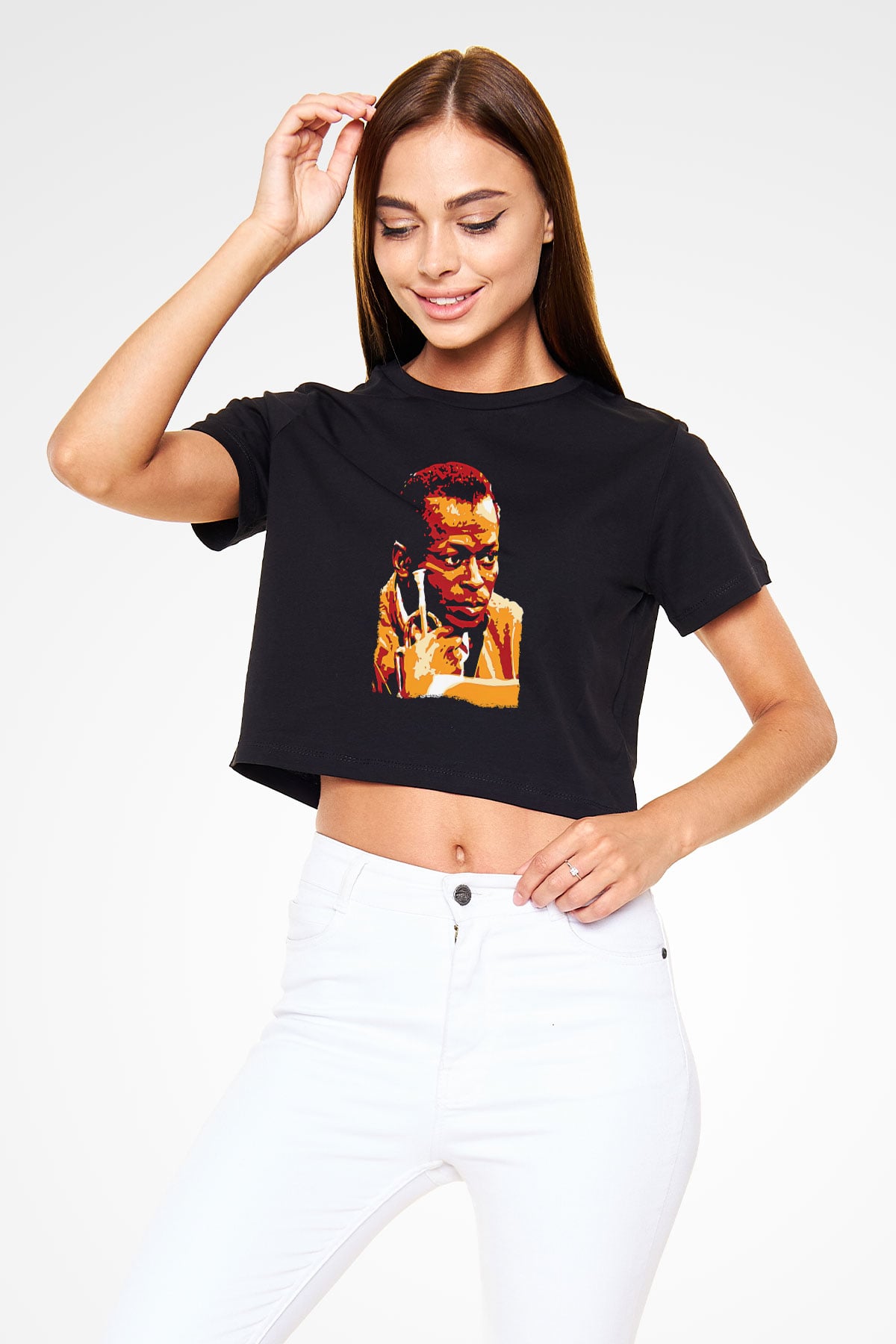 Miles Davis Baskılı Siyah Crop Top Kadın Tişört - Tshirt
