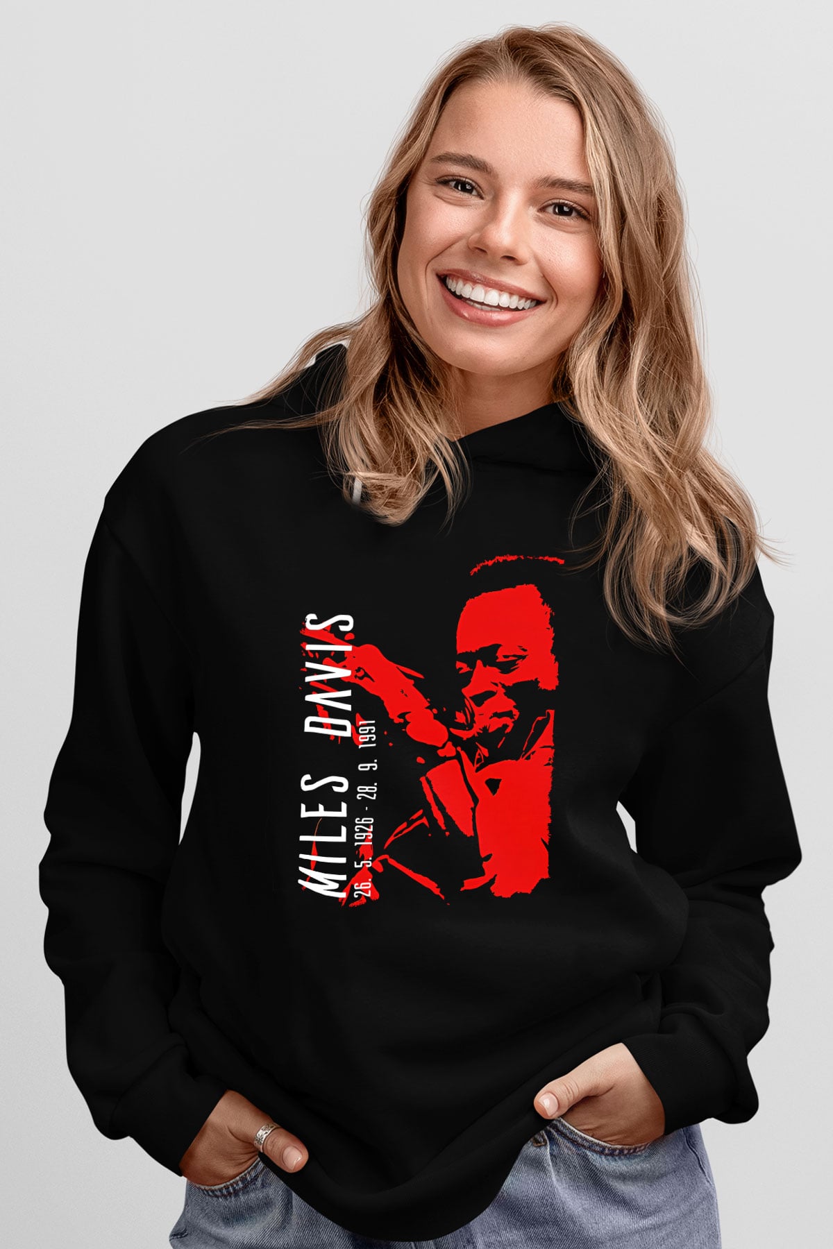 Miles Davis Baskılı Unisex Siyah Kapüşonlu Sweatshirt