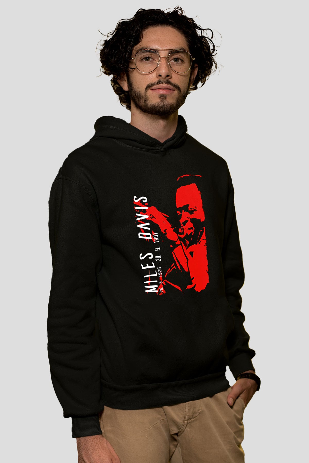 Miles Davis Baskılı Unisex Siyah Kapüşonlu Sweatshirt