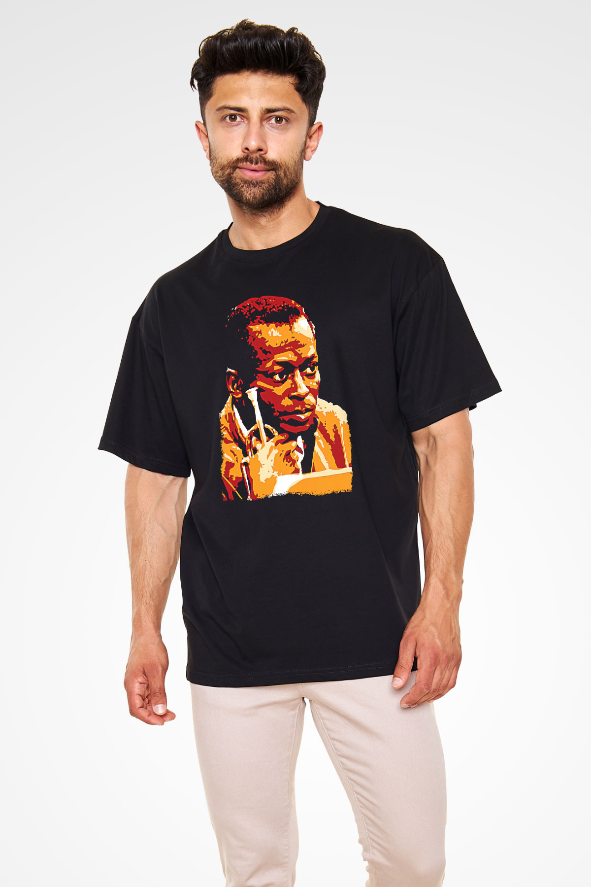 Miles Davis Baskılı Unisex Siyah Oversize Tişört - Tshirt