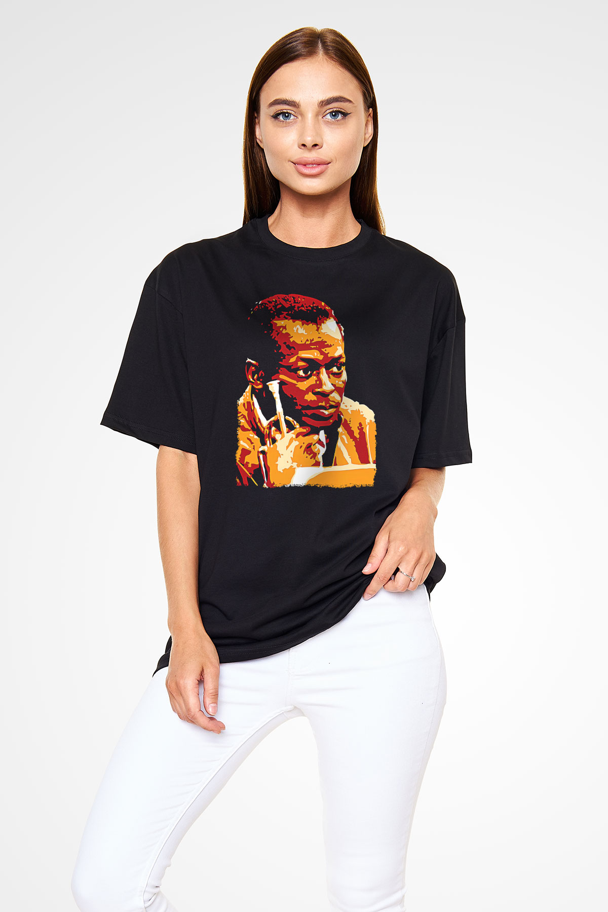 Miles Davis Baskılı Unisex Siyah Oversize Tişört - Tshirt
