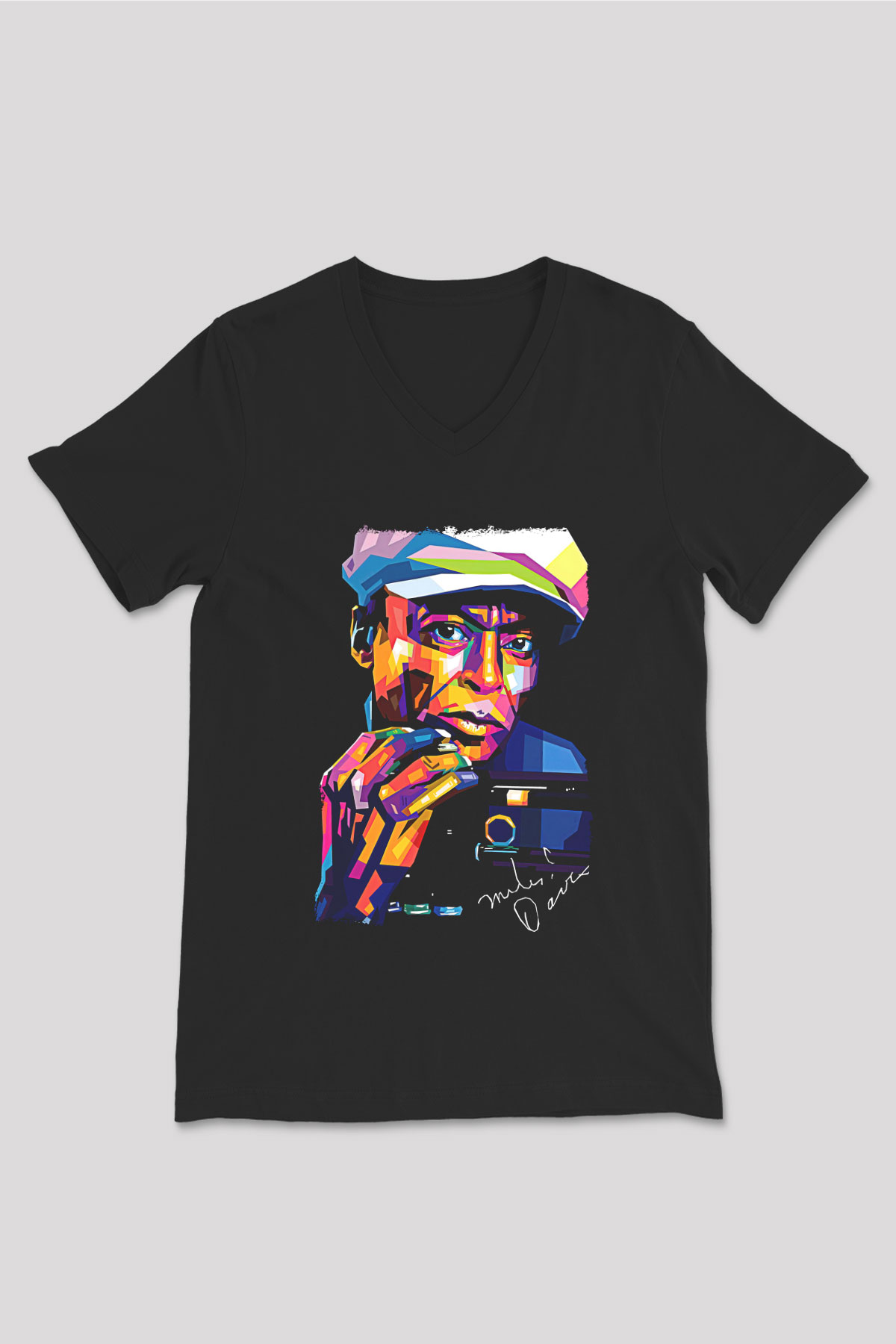 Miles Davis Baskılı Unisex Siyah V Yaka Tişört - Tshirt