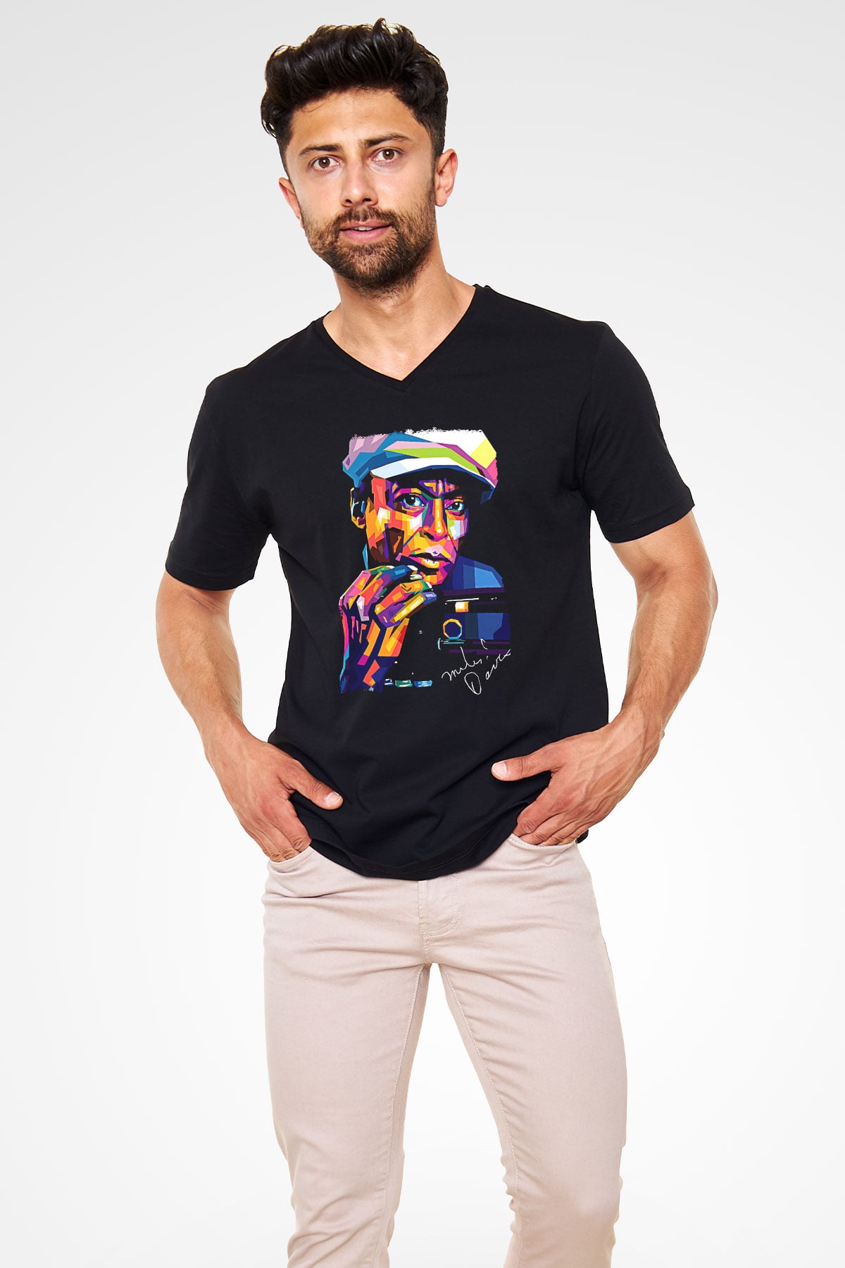 Miles Davis Baskılı Unisex Siyah V Yaka Tişört - Tshirt