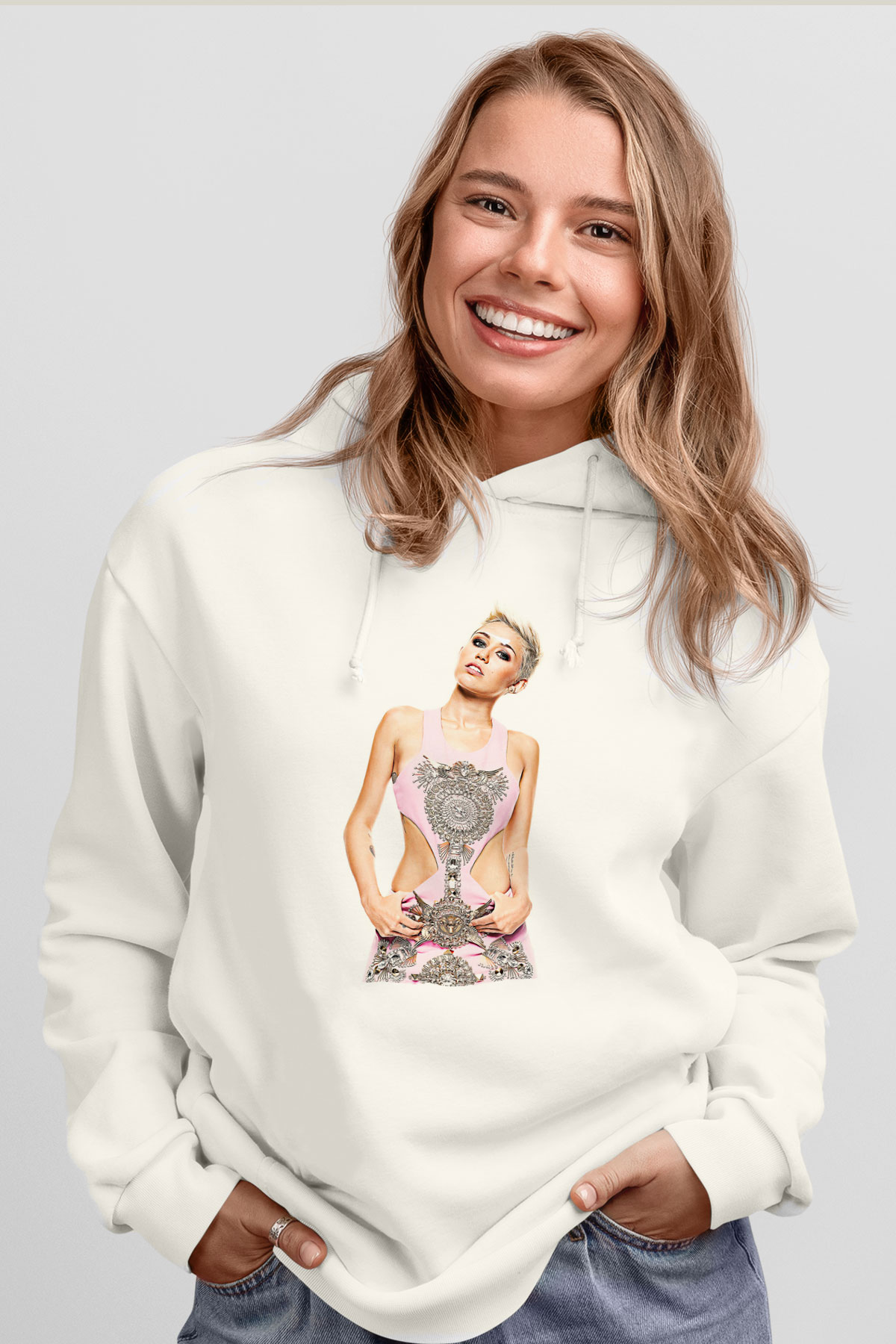 Miley Cyrus Baskılı Beyaz Unisex Kapüşonlu Sweatshirt