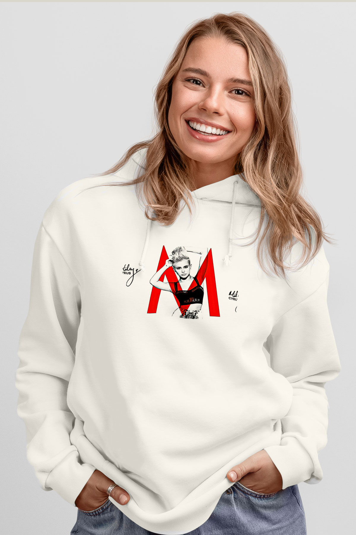Miley Cyrus Baskılı Beyaz Unisex Kapüşonlu Sweatshirt
