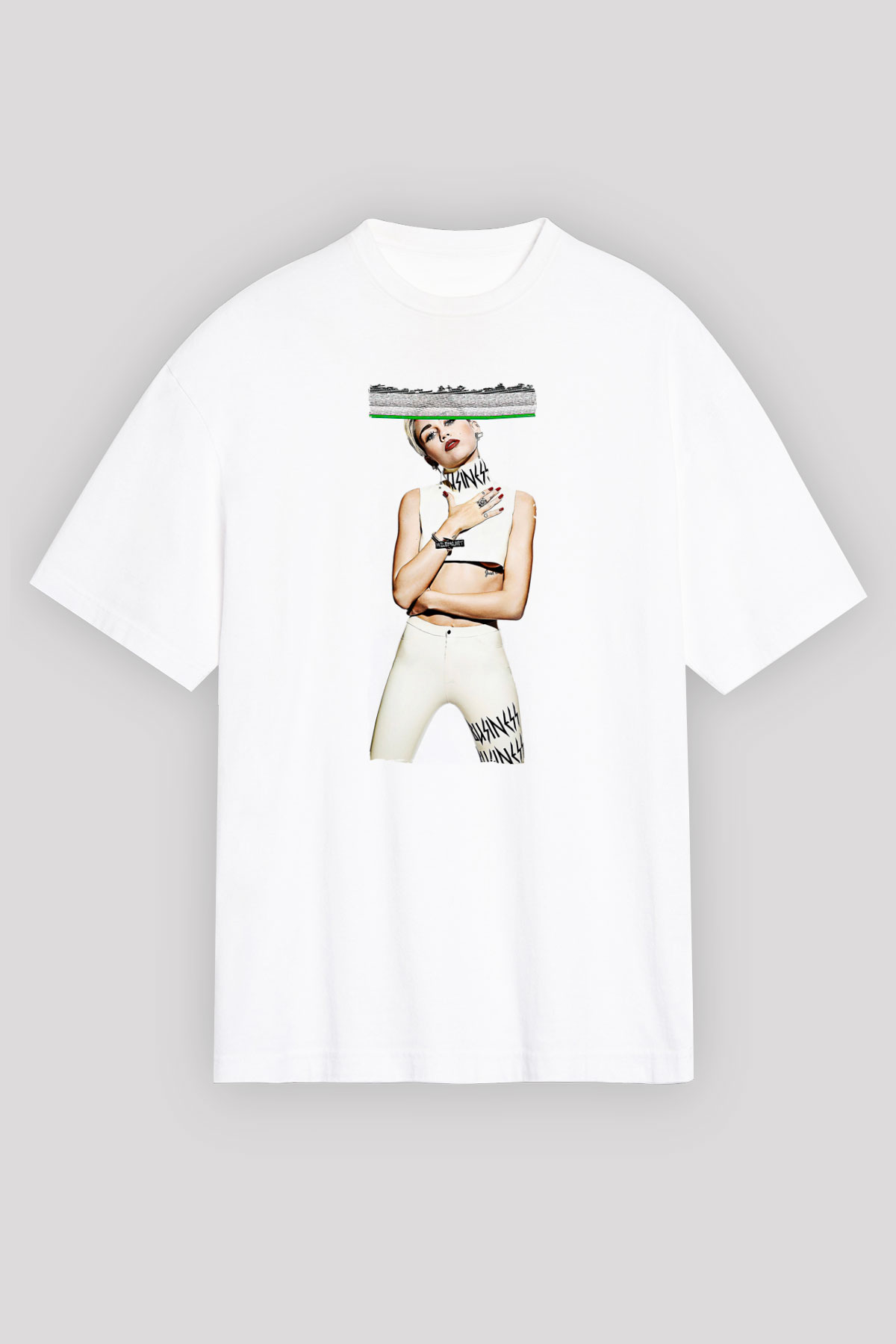 Miley Cyrus Baskılı Beyaz Unisex Oversize Tişört - Tshirt