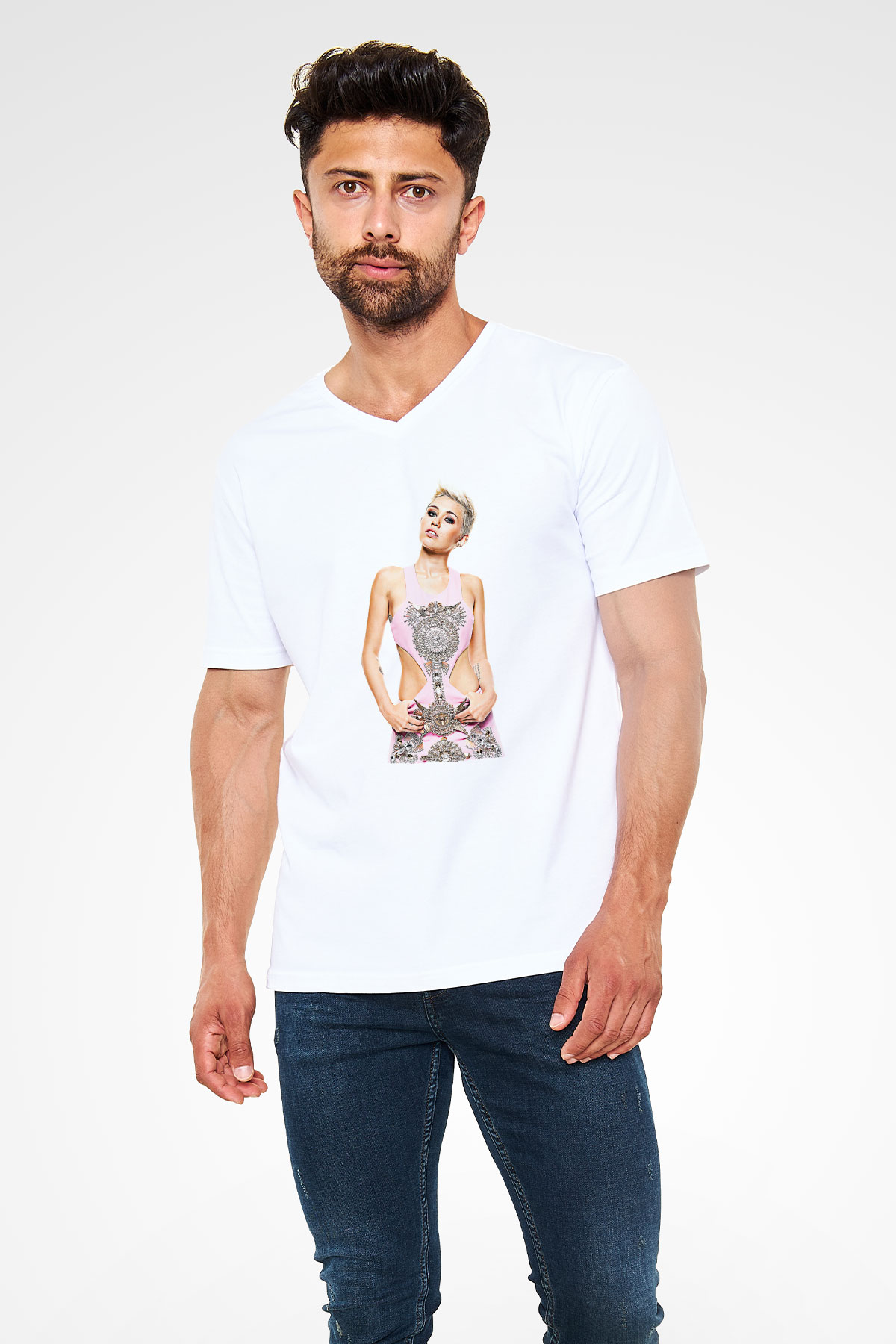 Miley Cyrus Baskılı Beyaz Unisex V Yaka Tişört - Tshirt