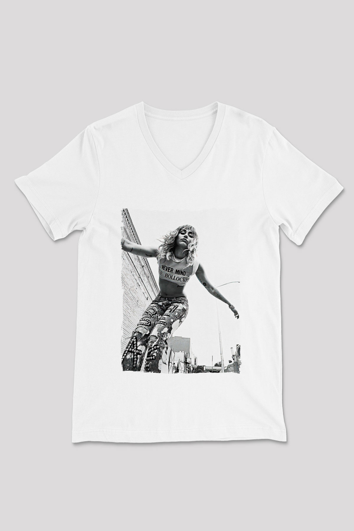 Miley Cyrus Baskılı Beyaz Unisex V Yaka Tişört - Tshirt