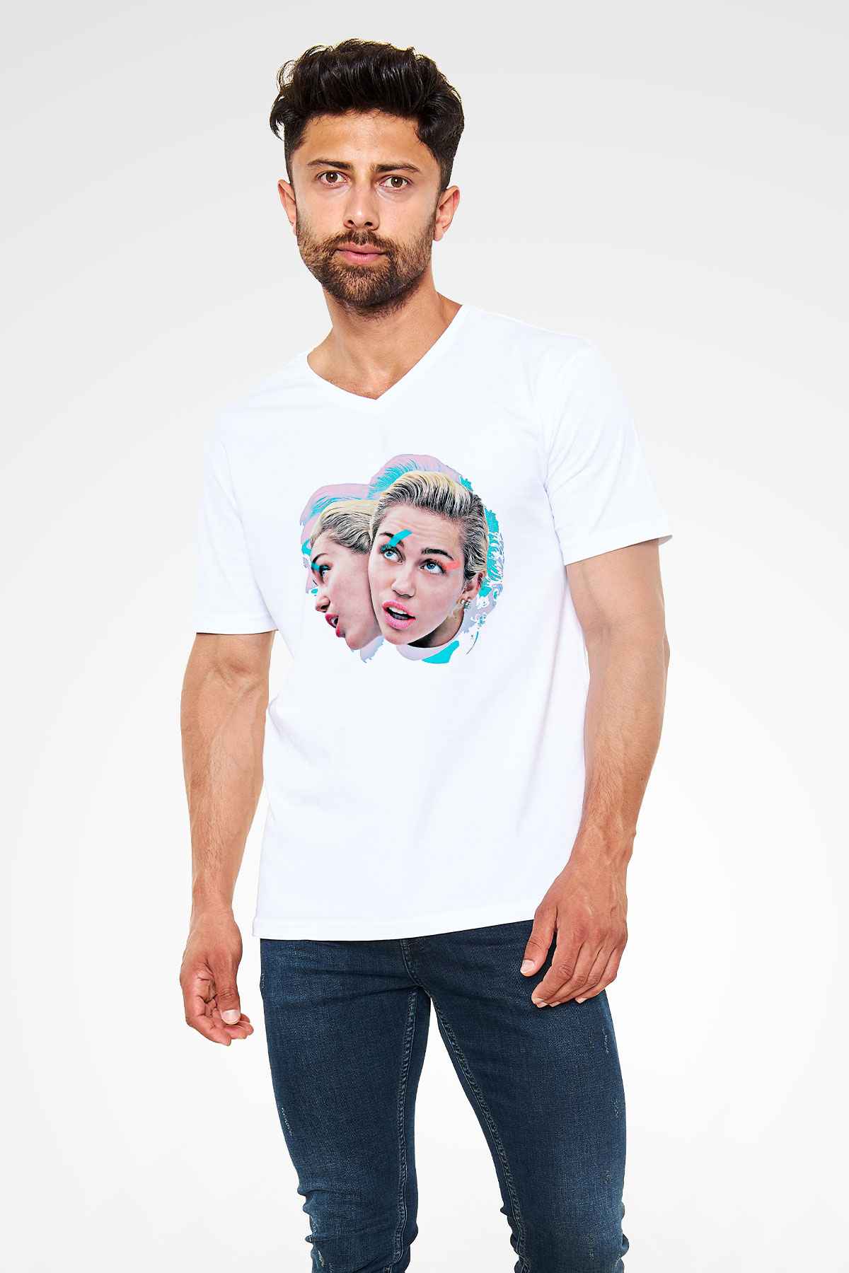 Miley Cyrus Baskılı Beyaz Unisex V Yaka Tişört - Tshirt