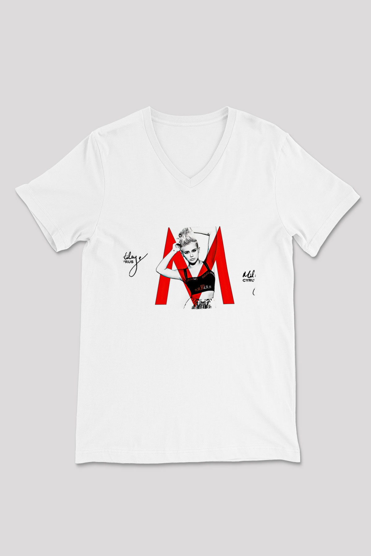 Miley Cyrus Baskılı Beyaz Unisex V Yaka Tişört - Tshirt