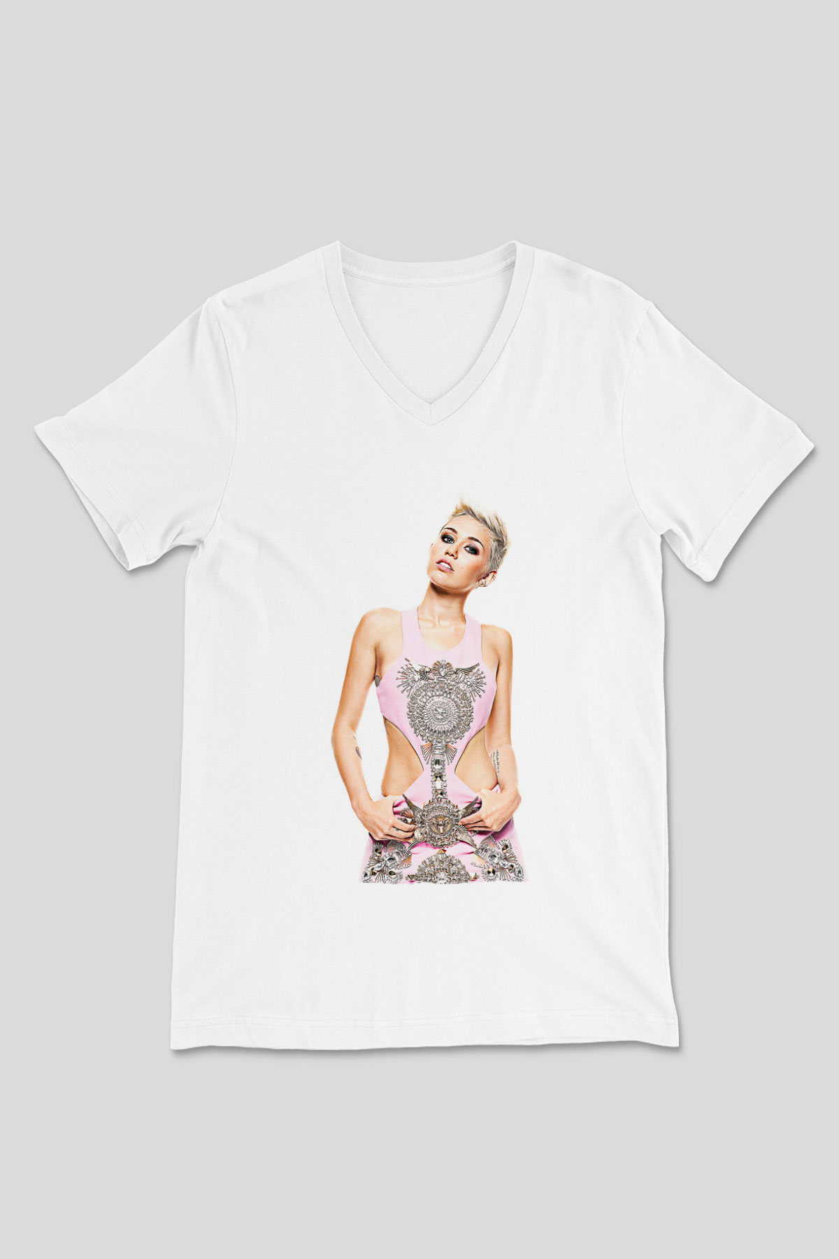 Miley Cyrus Baskılı Beyaz Unisex V Yaka Tişört - Tshirt