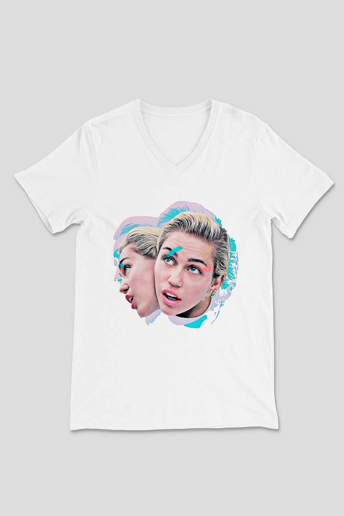 Miley Cyrus Baskılı Beyaz Unisex V Yaka Tişört - Tshirt