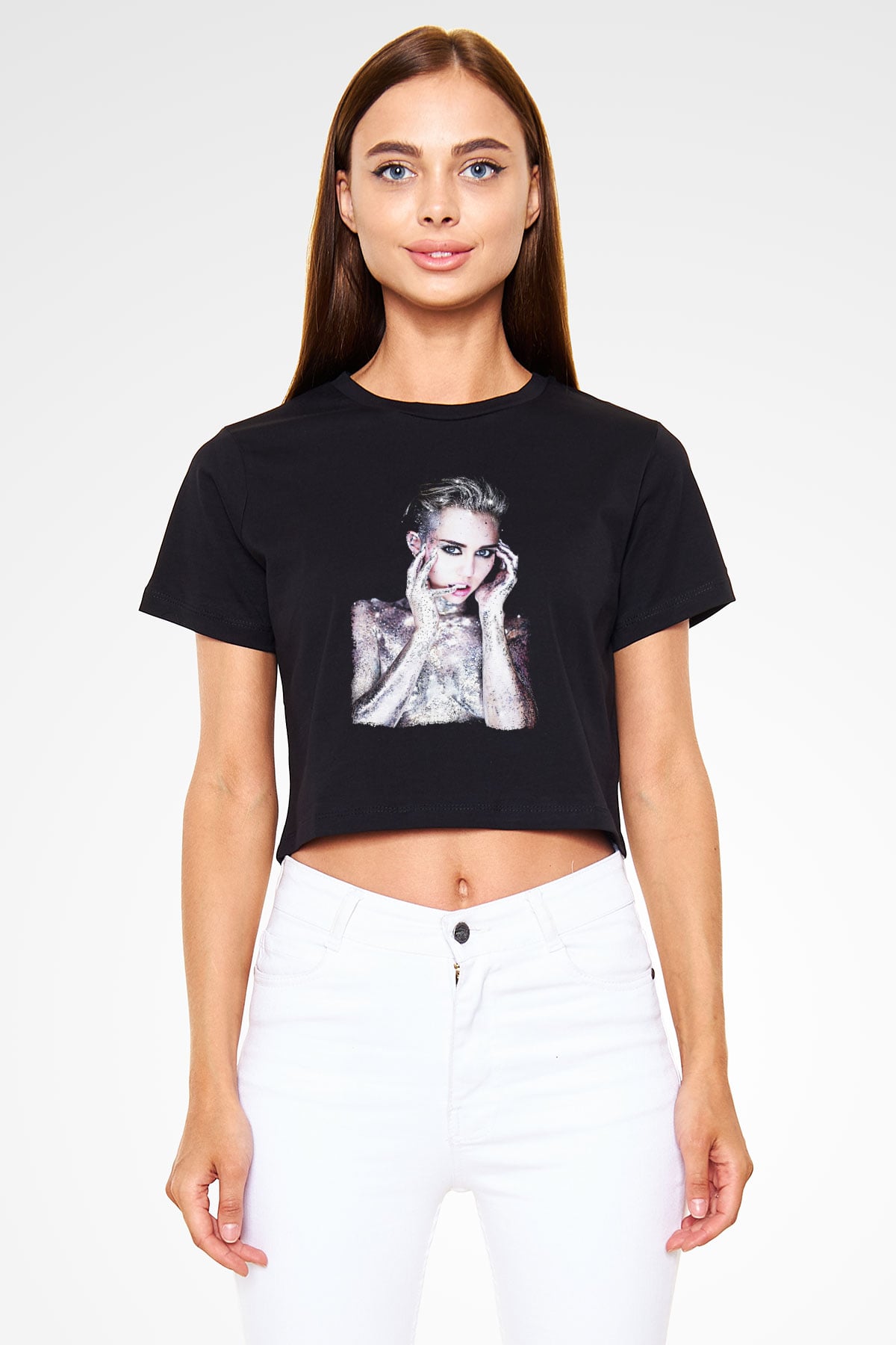 Miley Cyrus Baskılı Siyah Crop Top Kadın Tişört - Tshirt