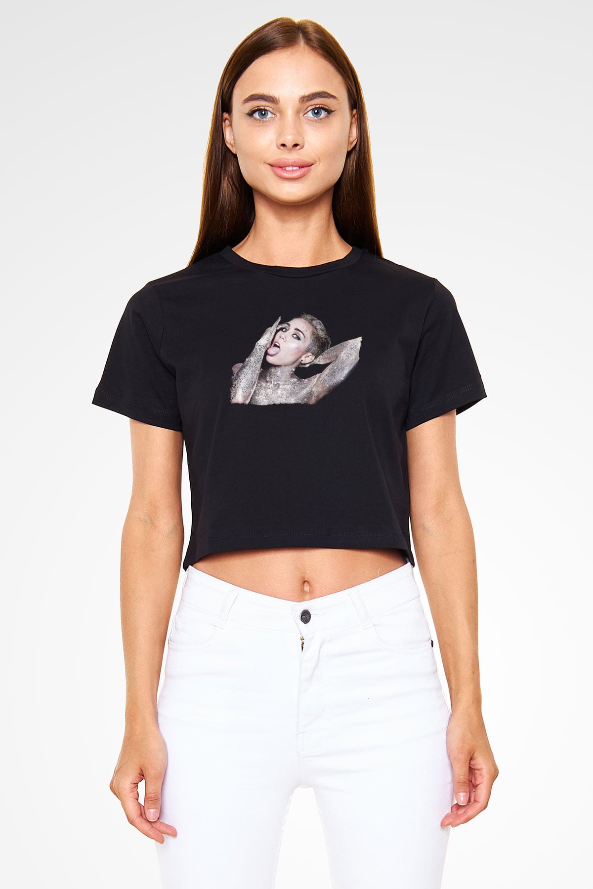 Miley Cyrus Baskılı Siyah Crop Top Kadın Tişört - Tshirt