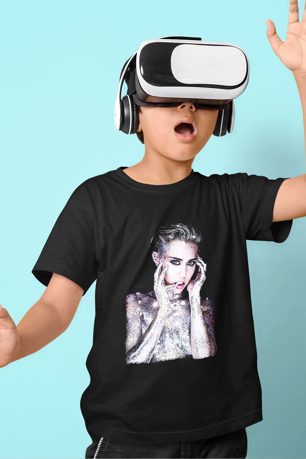 Miley Cyrus Baskılı Unisex Siyah Çocuk Tişört - Tshirt