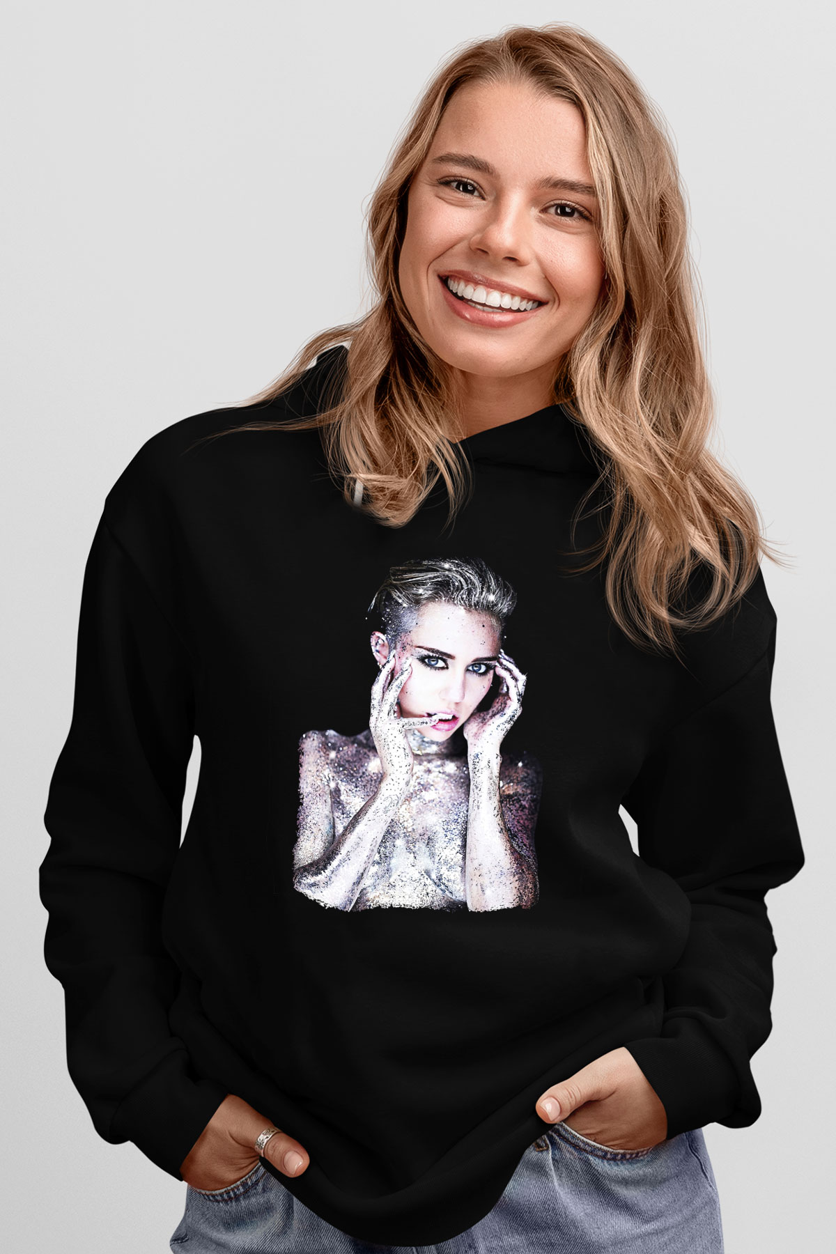 Miley Cyrus Baskılı Unisex Siyah Hoodie