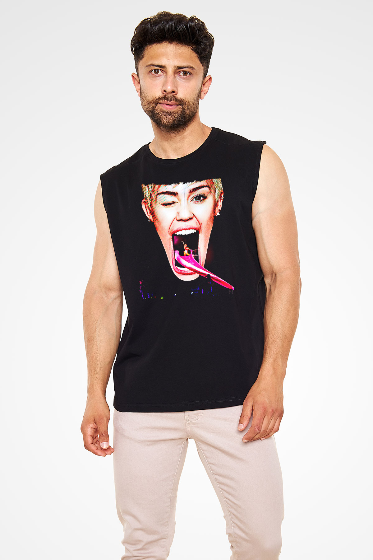 Miley Cyrus Baskılı Unisex Siyah Kolsuz Tişört - Tshirt