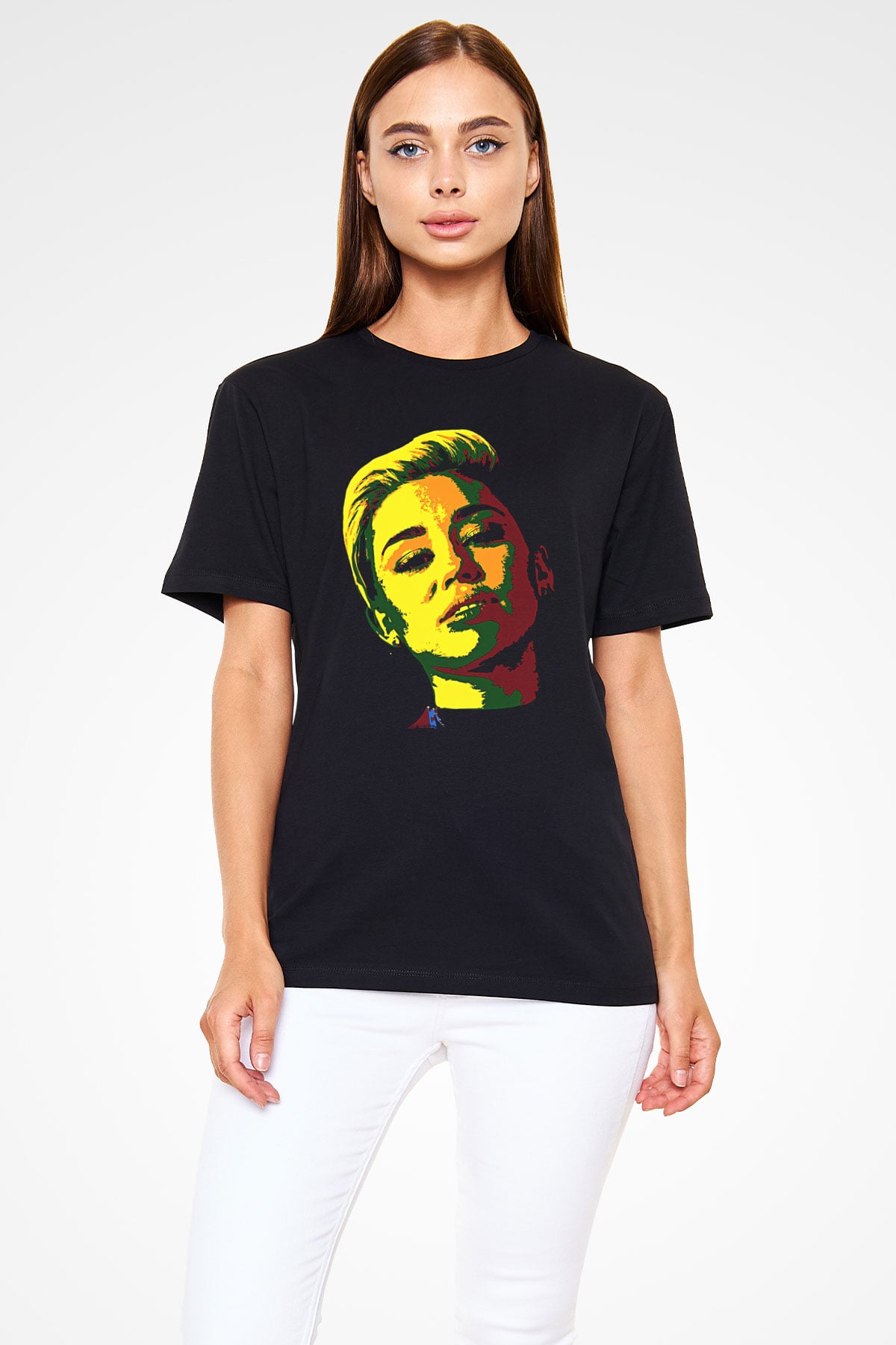 Miley Cyrus Baskılı Unisex Siyah Tişört - Tshirt