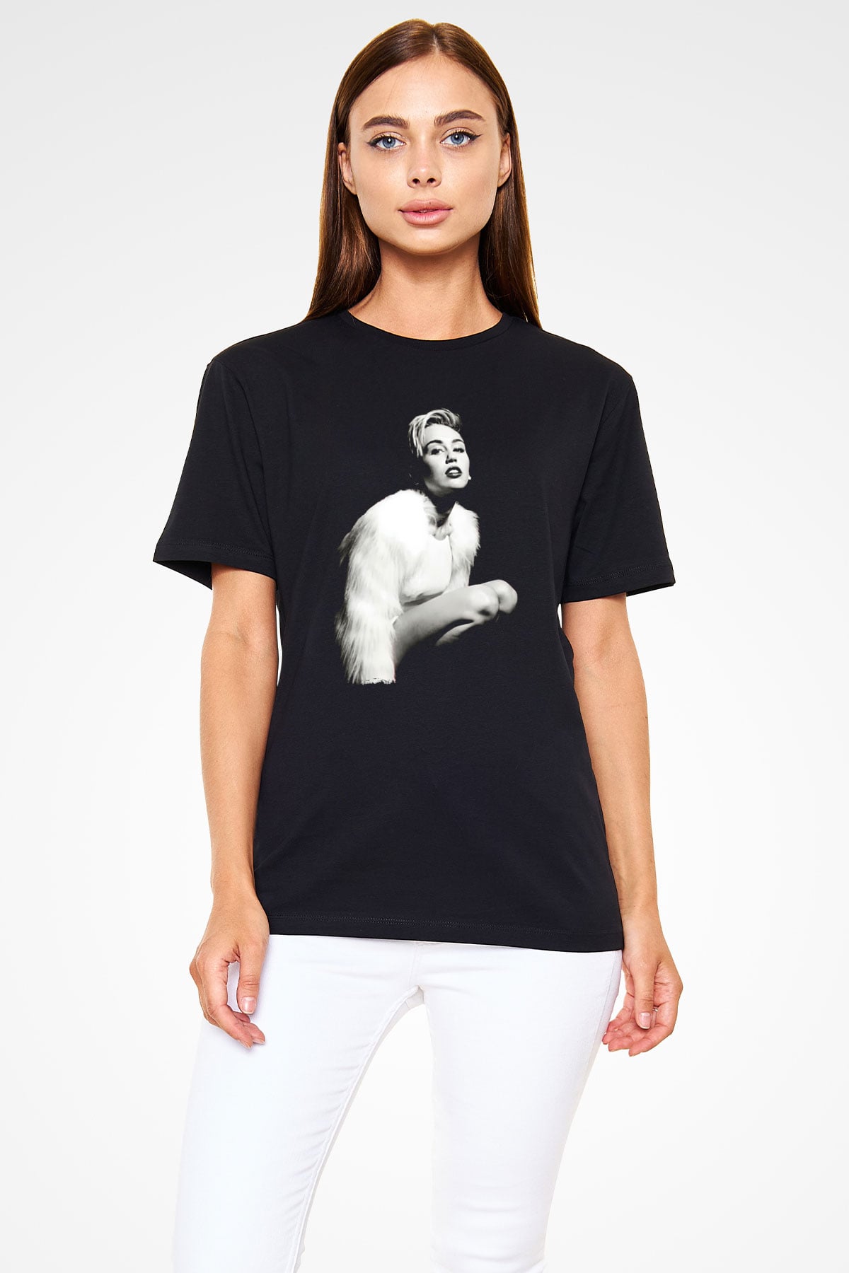 Miley Cyrus Baskılı Unisex Siyah Tişört - Tshirt