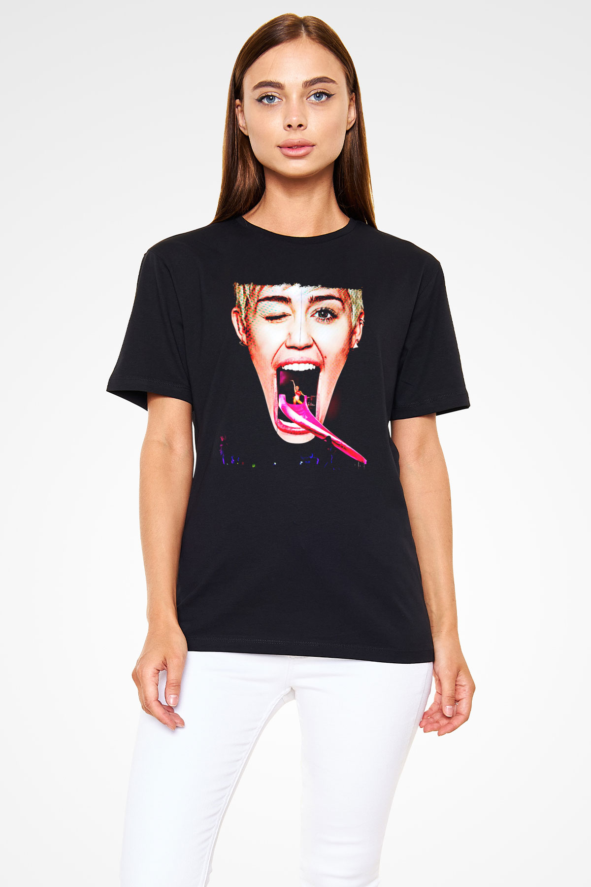 Miley Cyrus Baskılı Unisex Siyah Tişört - Tshirt