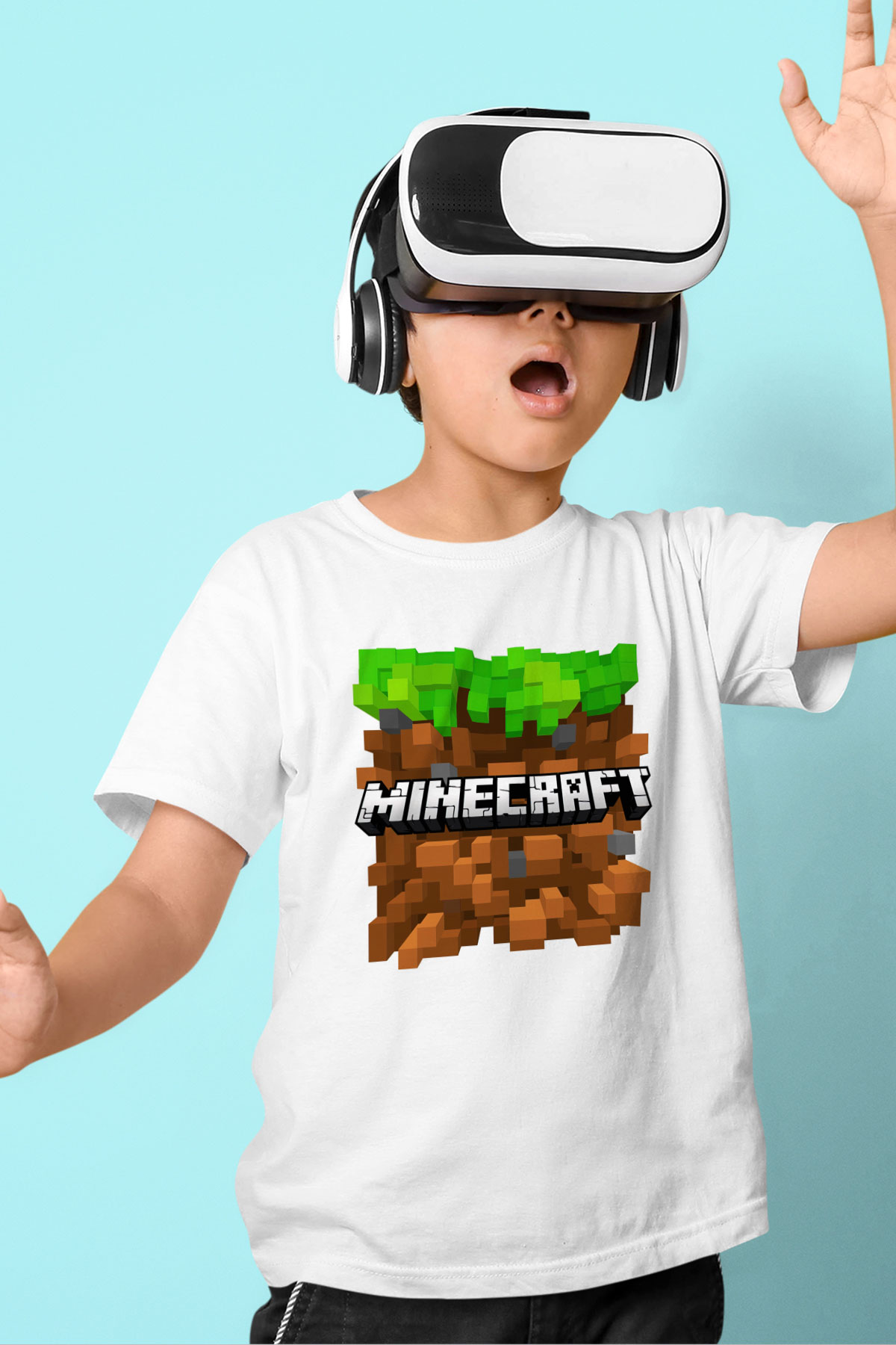 Minecraft Baskılı Beyaz Unisex Çocuk Tişört