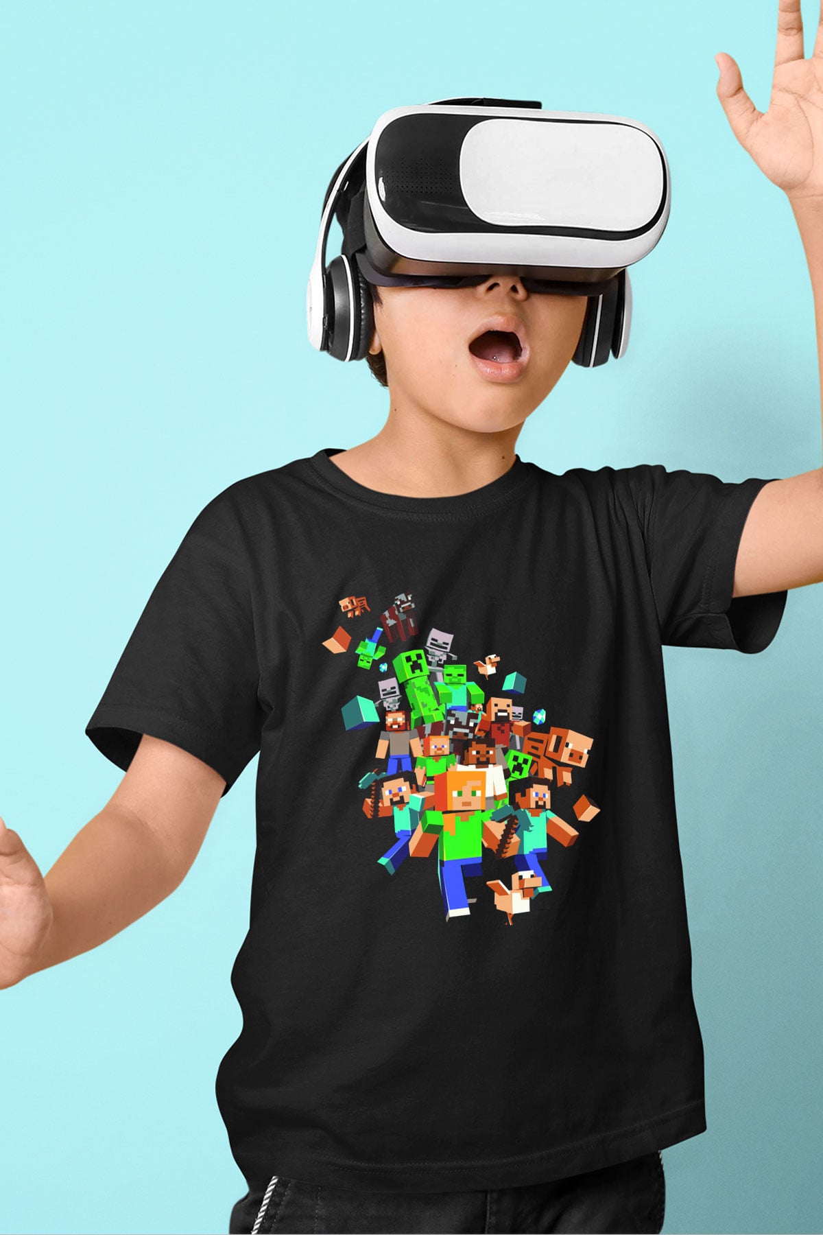Minecraft Baskılı Siyah Unisex Çocuk Tişört