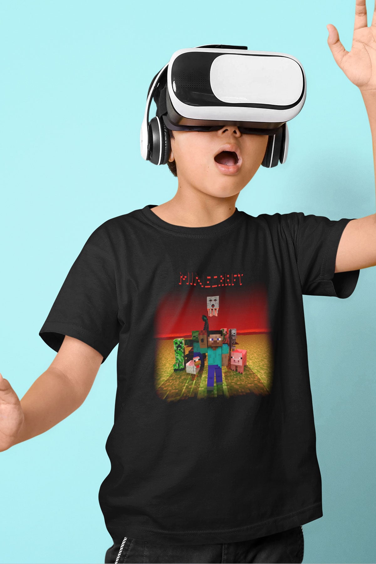 Minecraft Baskılı Siyah Unisex Çocuk Tişört