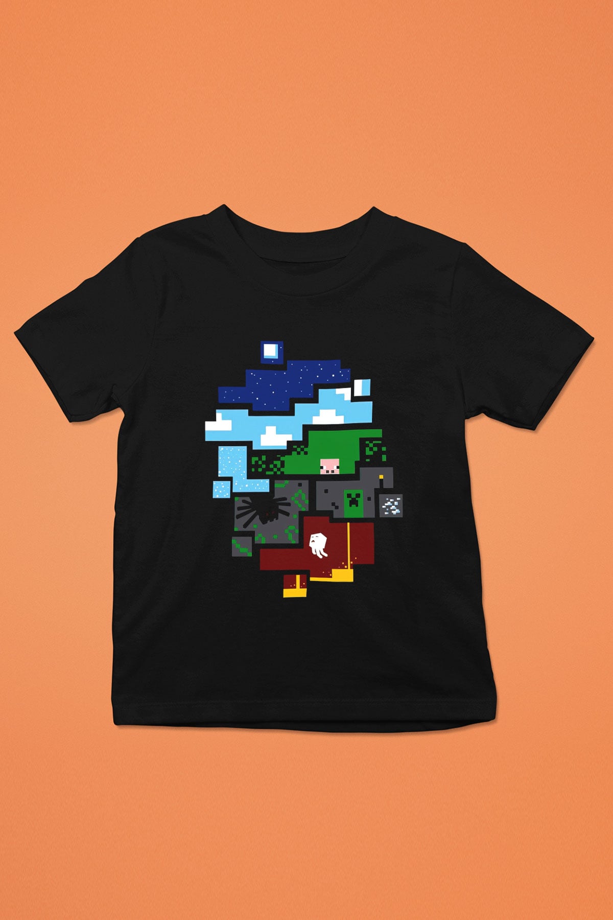 Minecraft Baskılı Siyah Unisex Çocuk Tişört