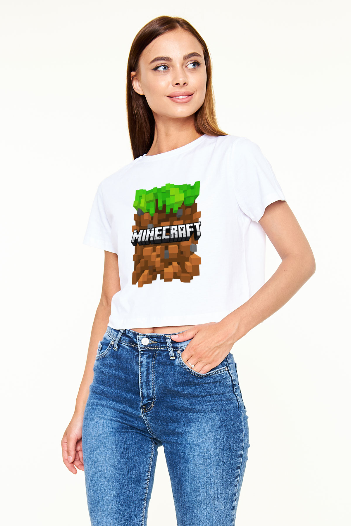 Minecraft Beyaz Croptop Tişört