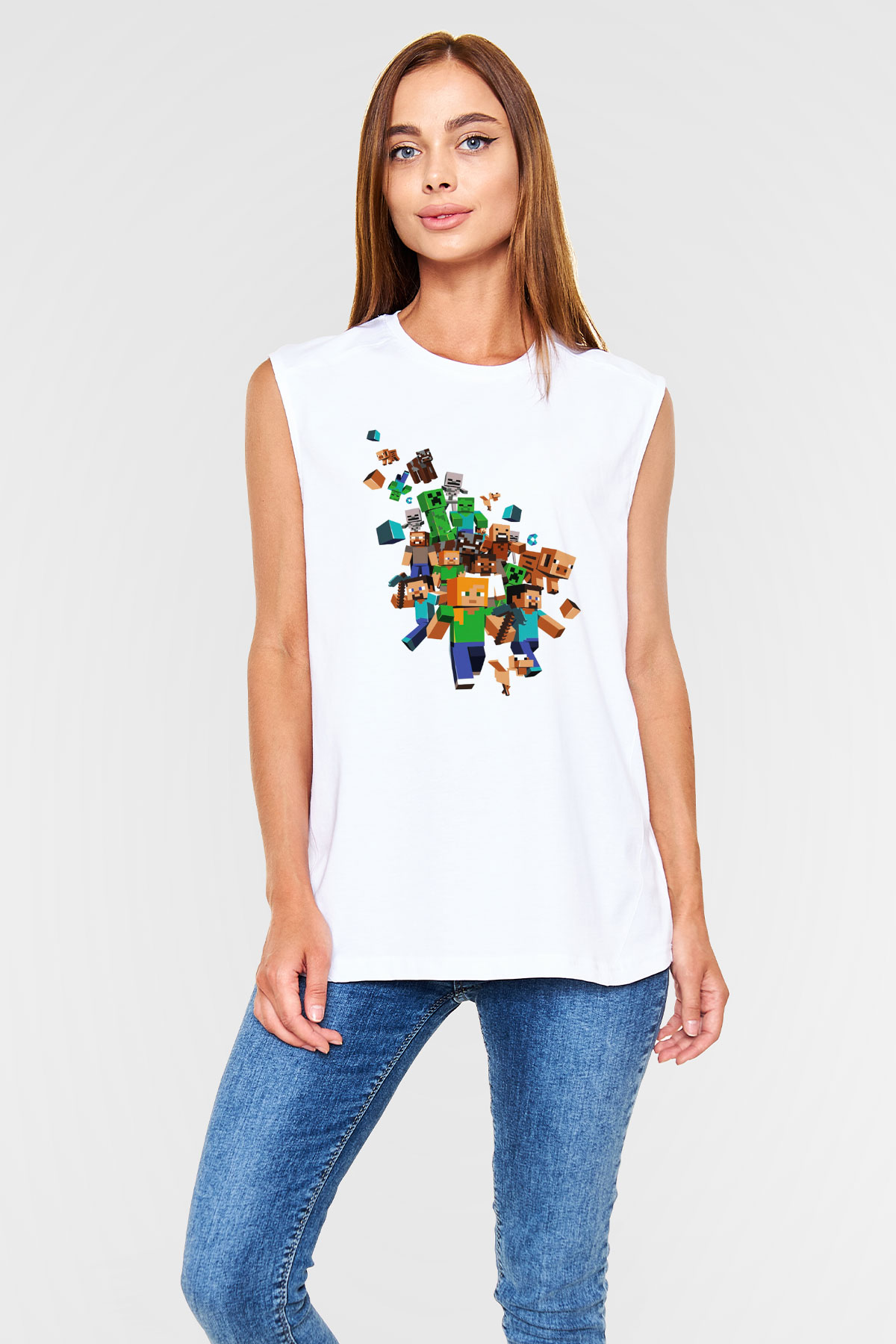 Minecraft Beyaz Unisex Kolsuz Tişört