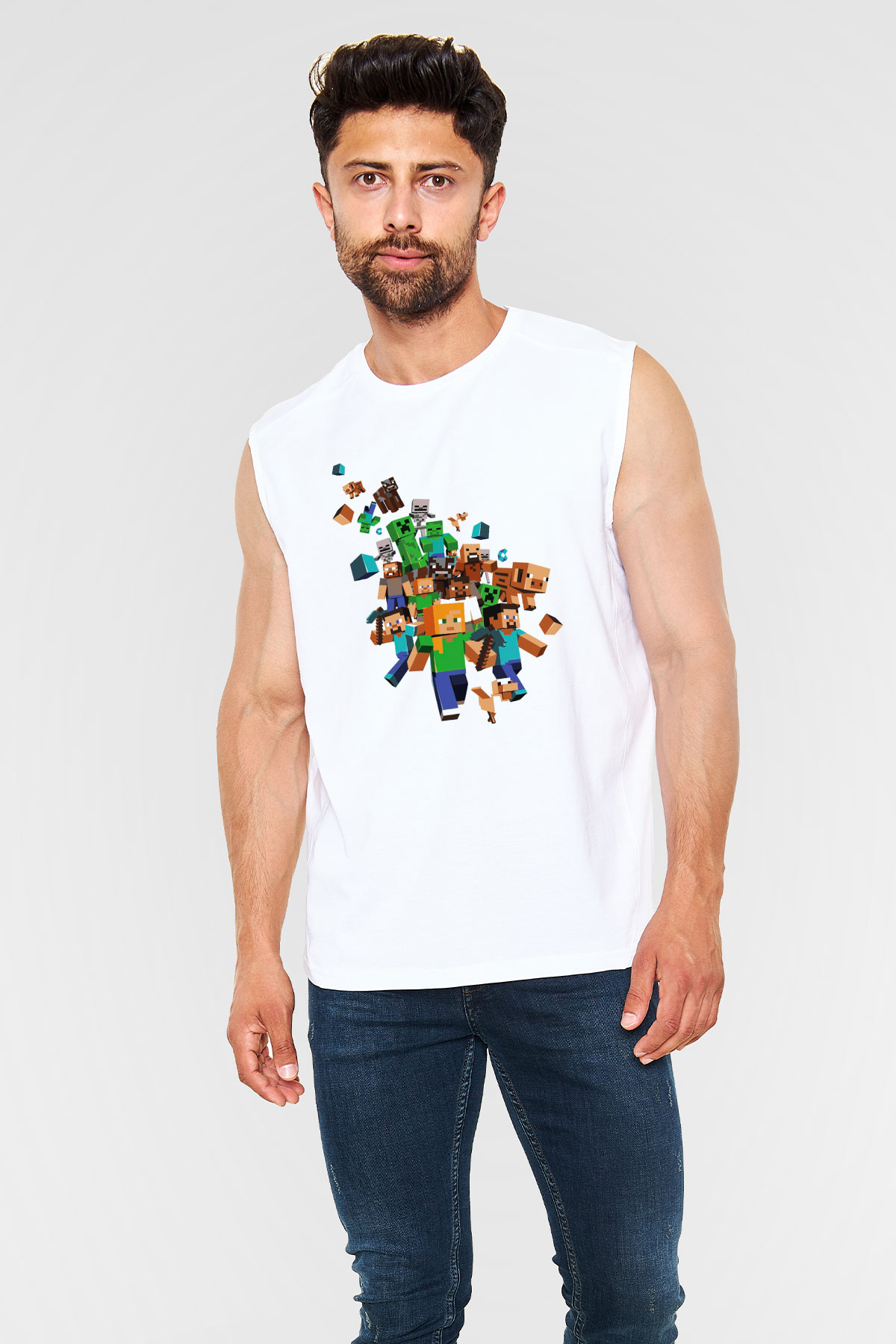 Minecraft Beyaz Unisex Kolsuz Tişört