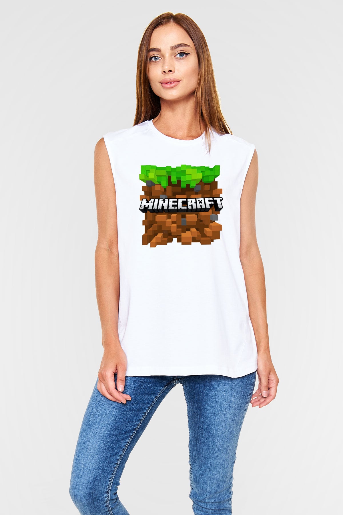 Minecraft Beyaz Unisex Kolsuz Tişört