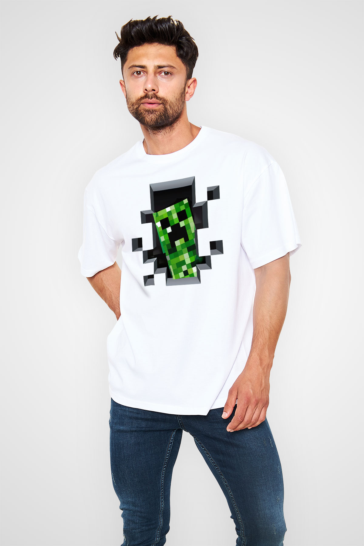 Minecraft Beyaz Unisex Oversize Tişört