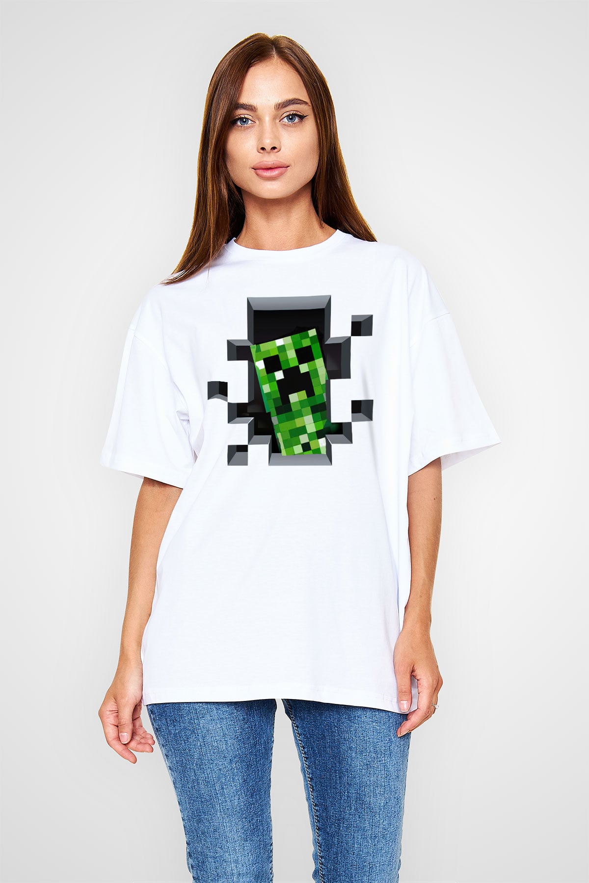 Minecraft Beyaz Unisex Oversize Tişört