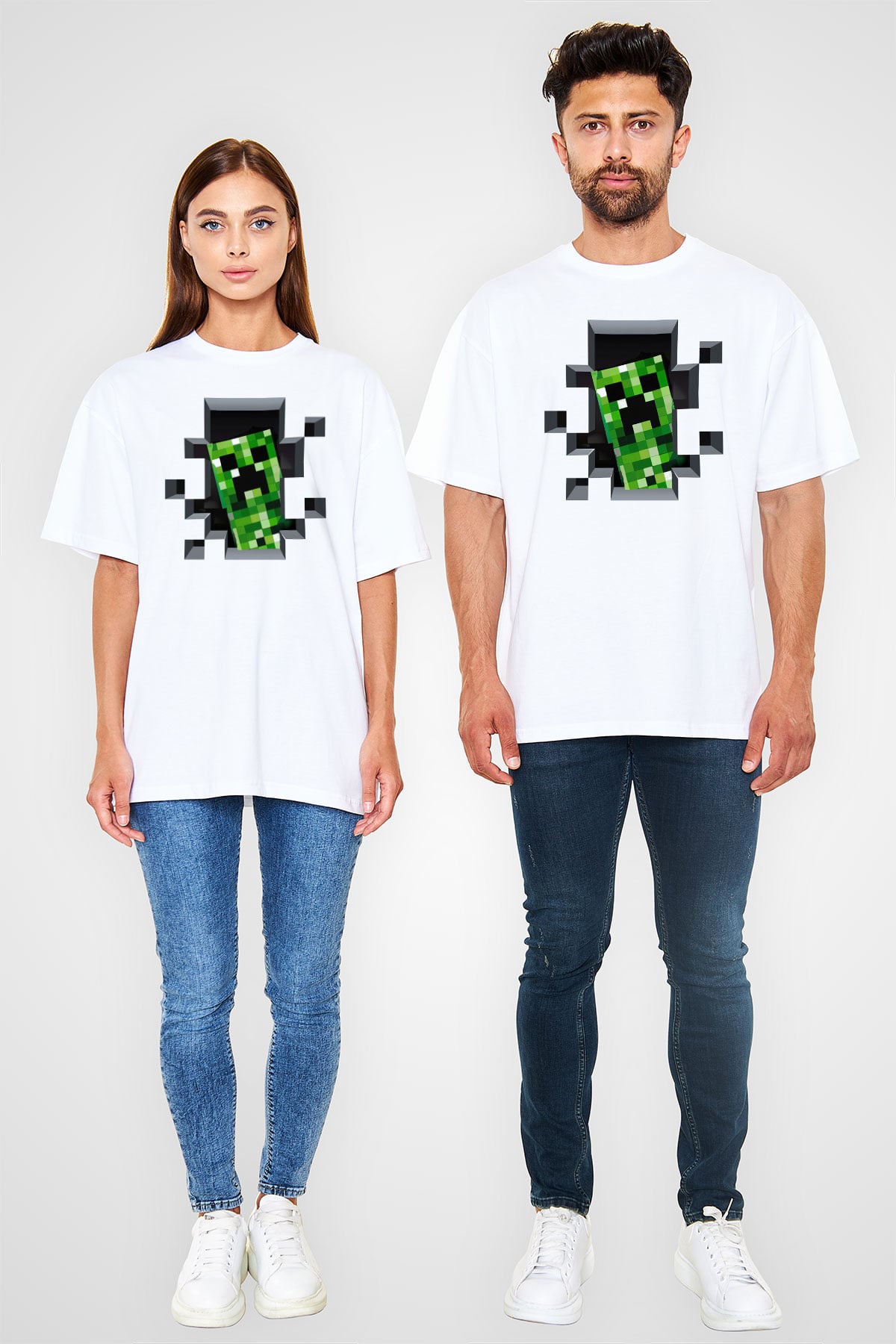 Minecraft Beyaz Unisex Oversize Tişört