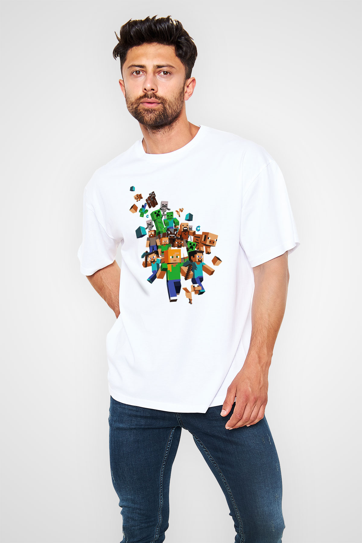 Minecraft Beyaz Unisex Oversize Tişört T-Shirt