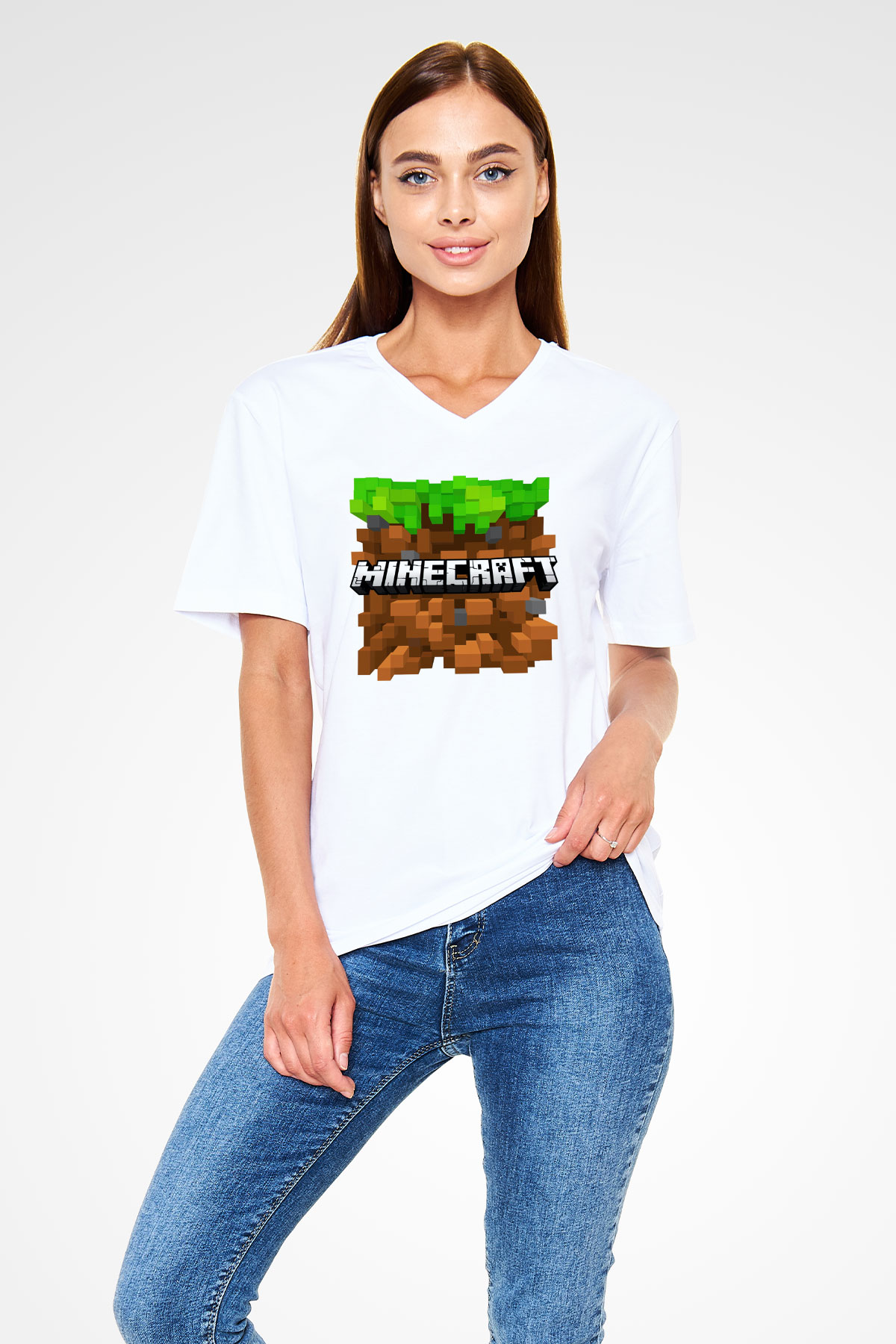 Minecraft Beyaz Unisex V Yaka Tişört T-Shirt