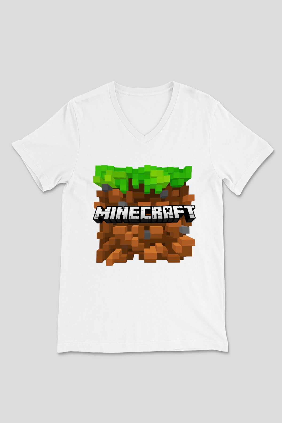 Minecraft Beyaz Unisex V Yaka Tişört T-Shirt