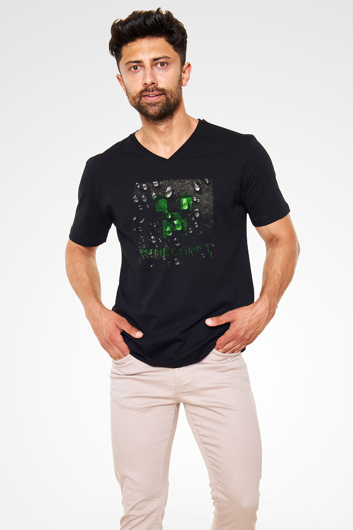 Minecraft Siyah Unisex  V Yaka Tişört