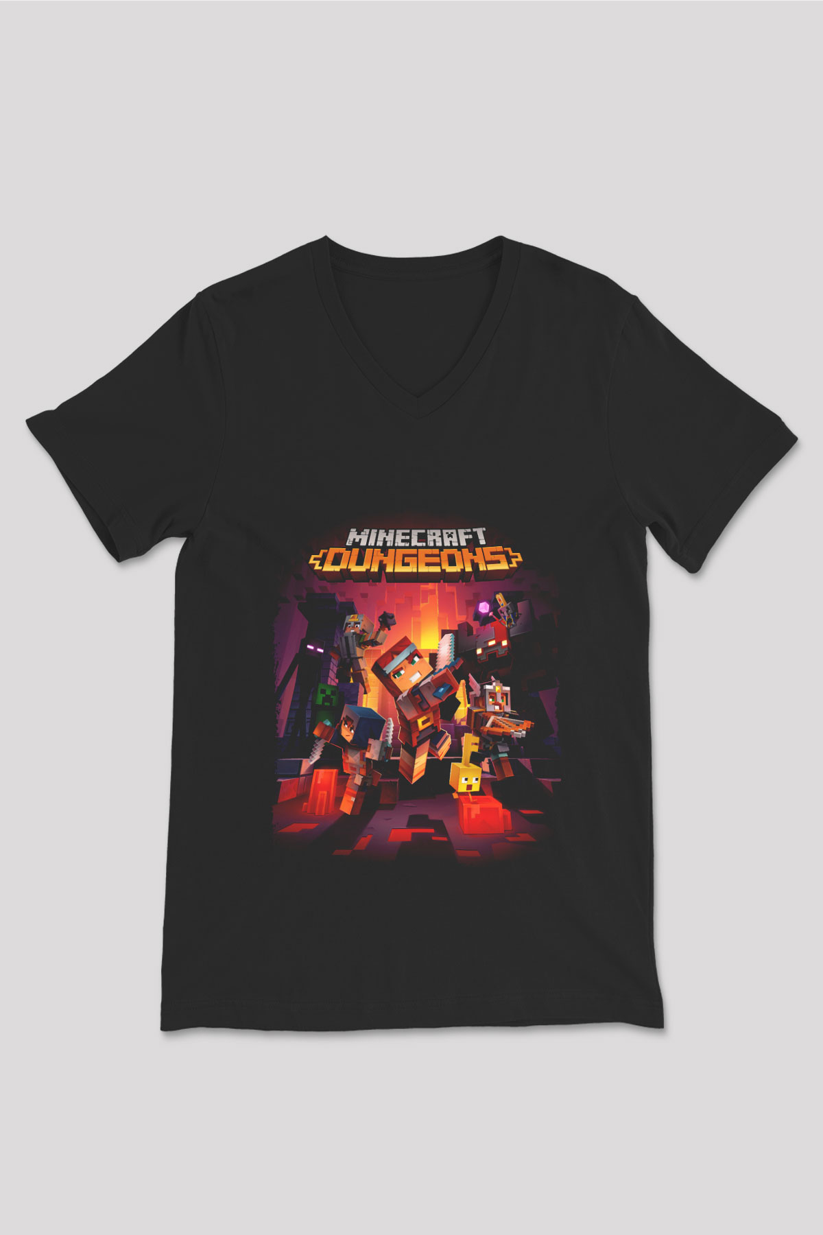 Minecraft Siyah Unisex  V Yaka Tişört