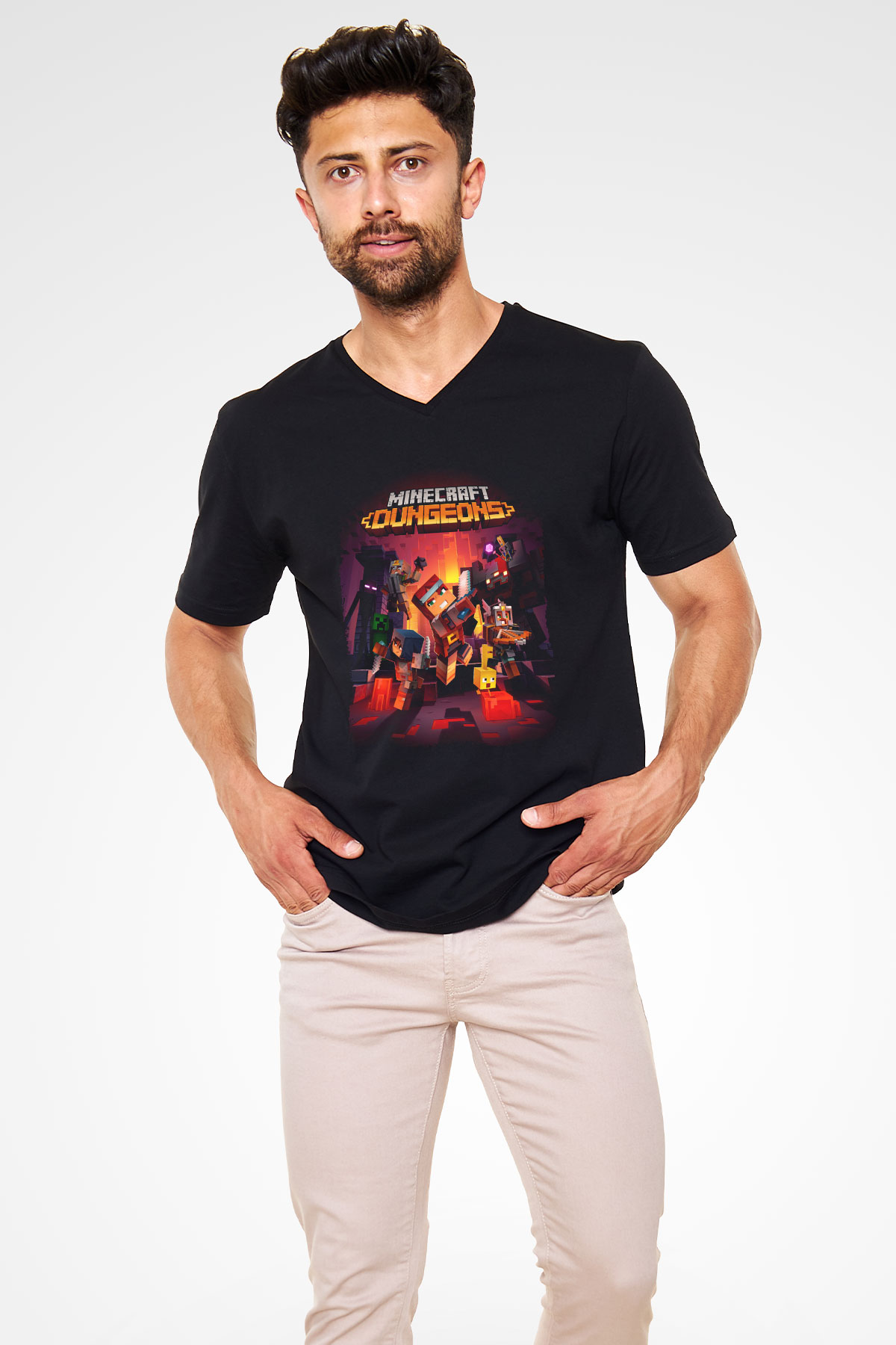 Minecraft Siyah Unisex  V Yaka Tişört
