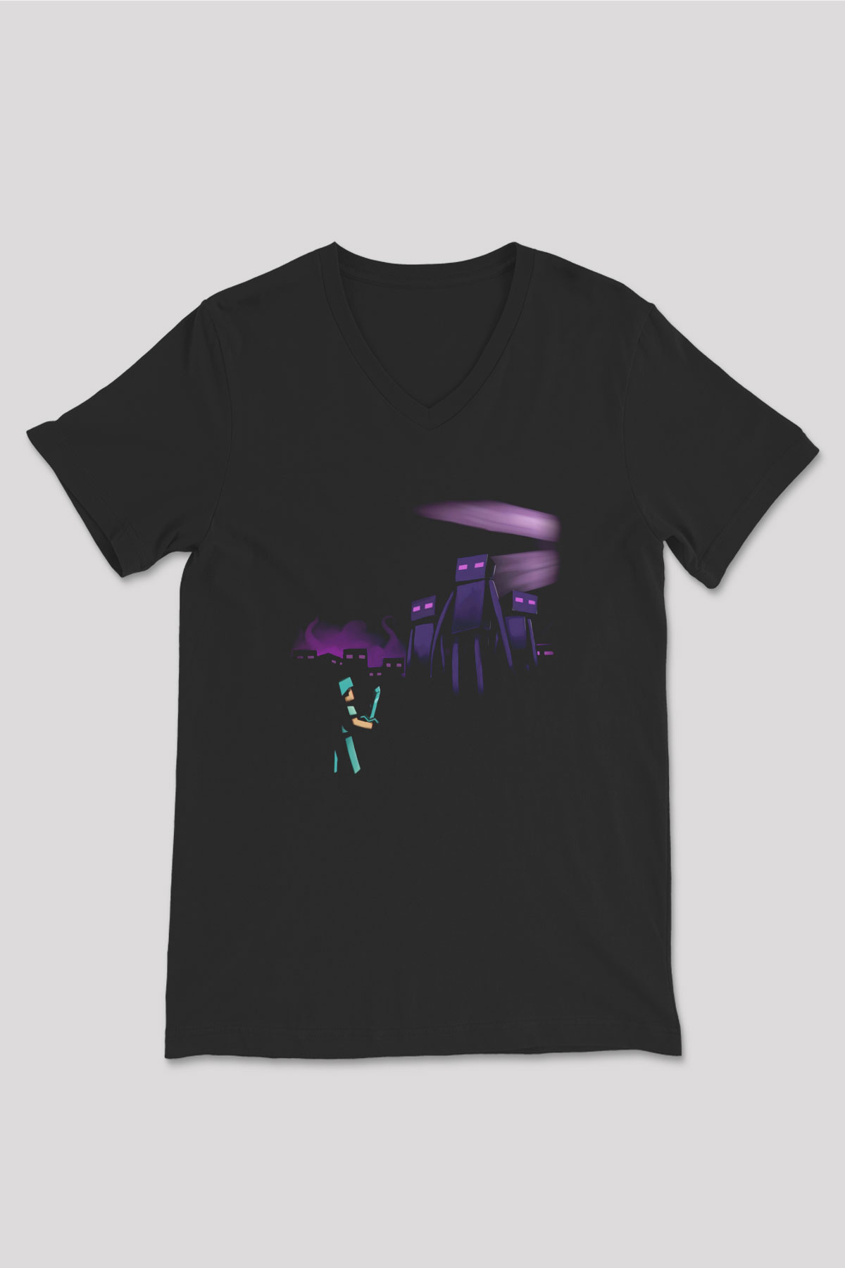 Minecraft Siyah Unisex V Yaka Tişört T-Shirt