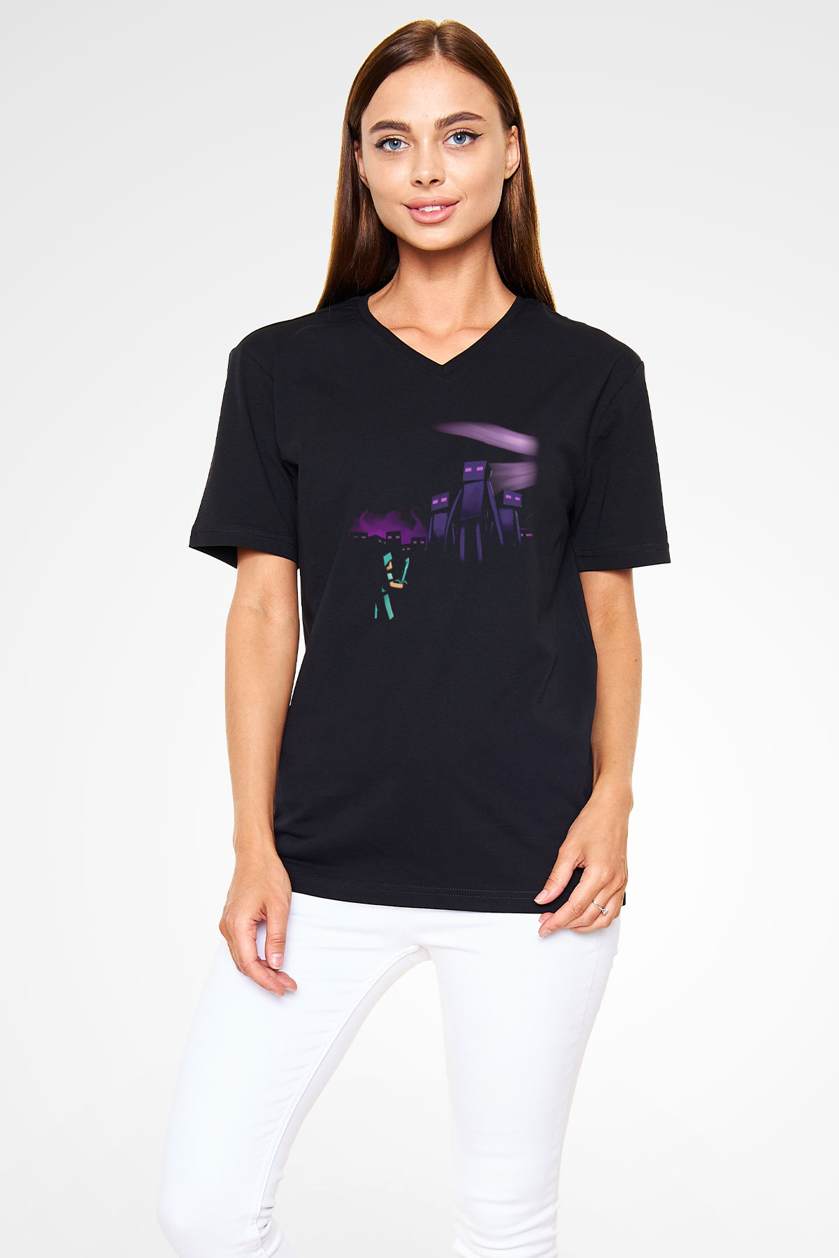 Minecraft Siyah Unisex V Yaka Tişört T-Shirt