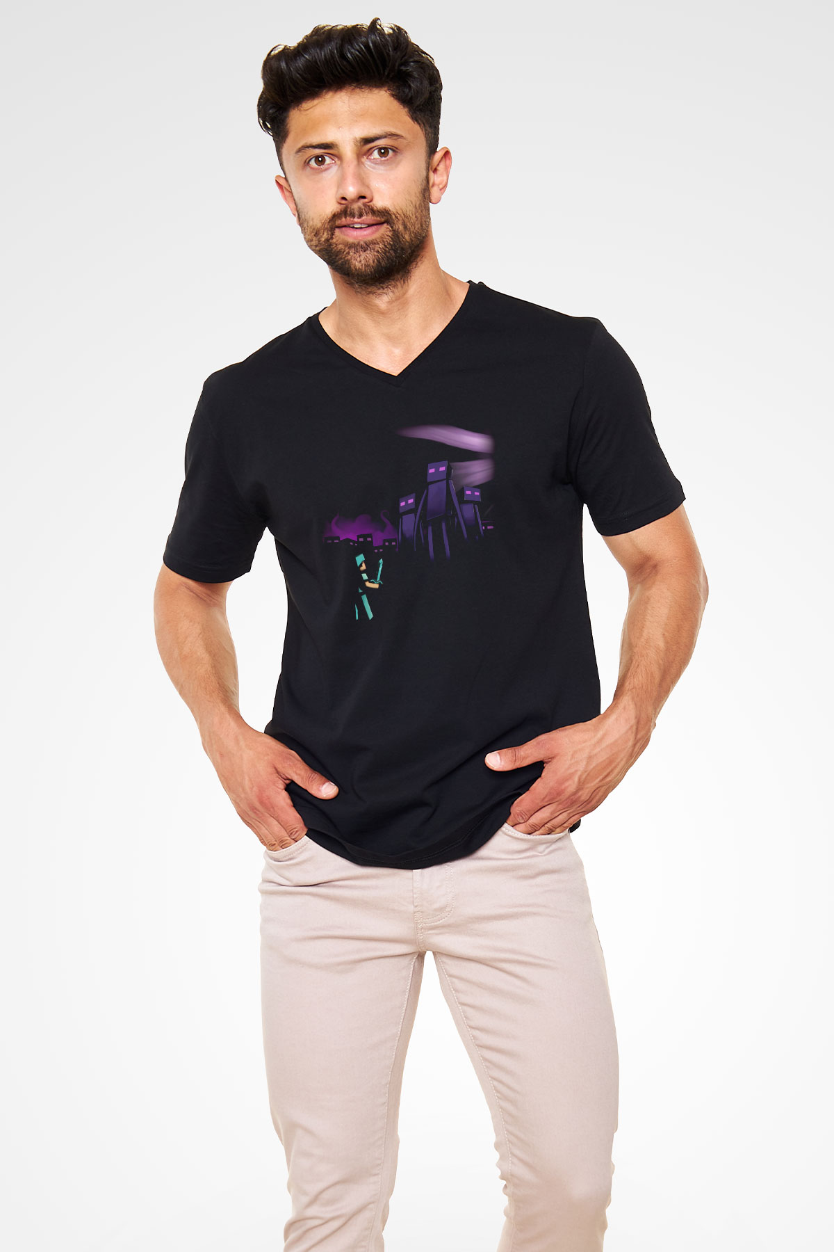 Minecraft Siyah Unisex V Yaka Tişört T-Shirt