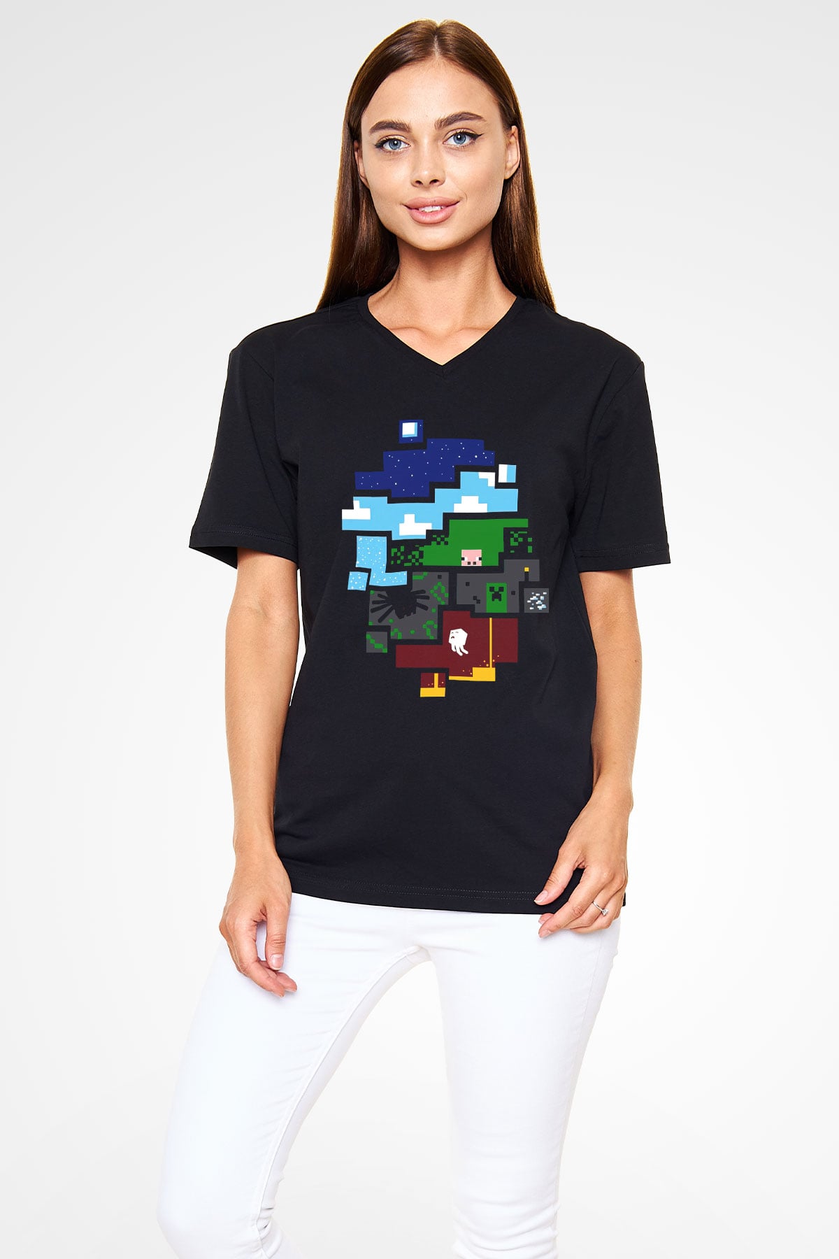 Minecraft Siyah Unisex V Yaka Tişört T-Shirt