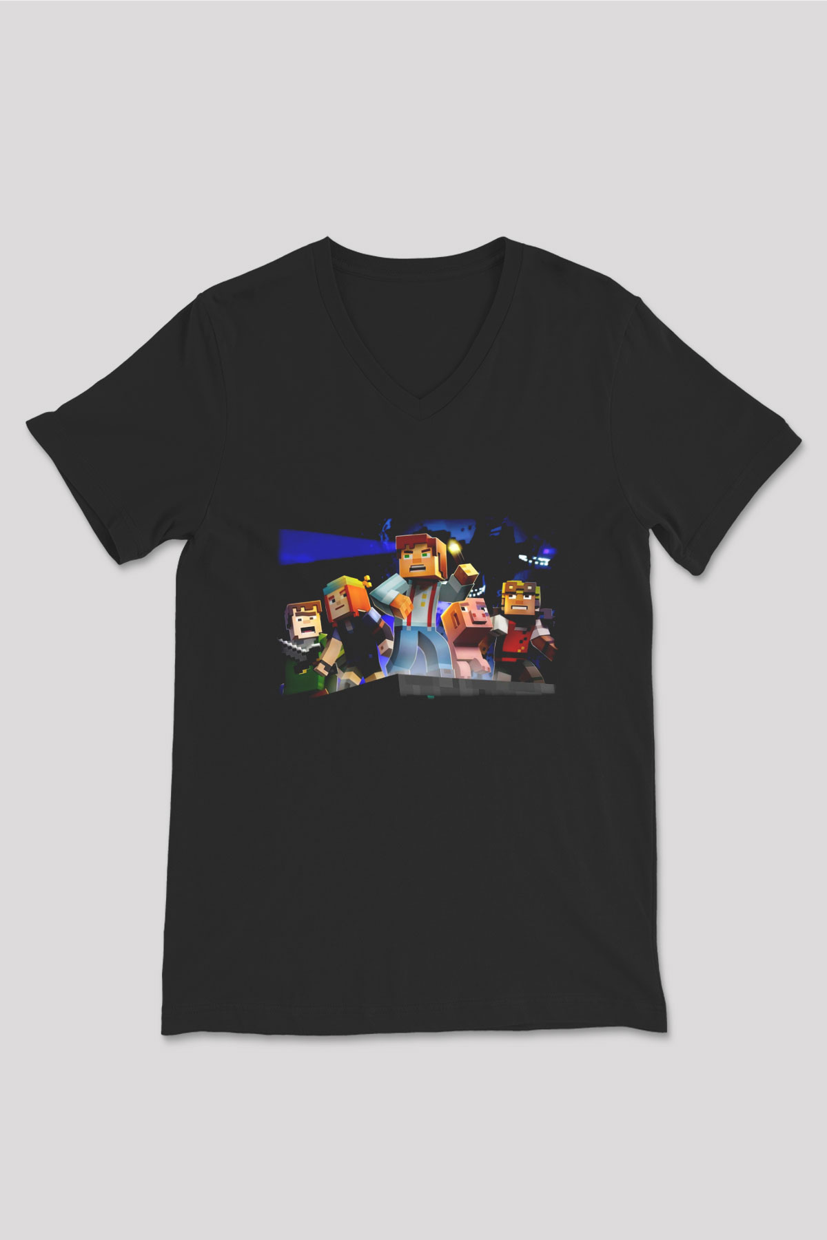 Minecraft Siyah Unisex V Yaka Tişört T-Shirt